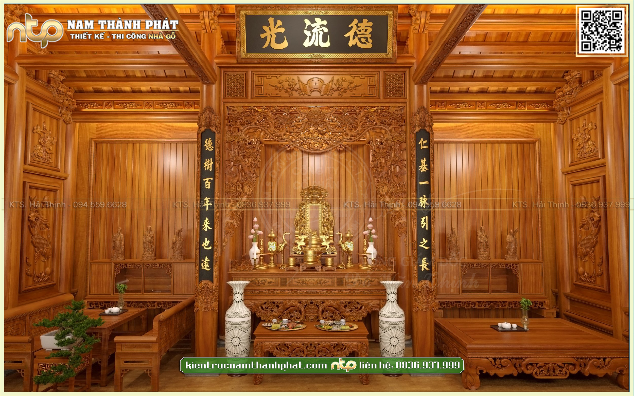 Thiết kế nội thất nhà gỗ 3 gian cùng không gian tiếp khách sang trọng cho gia chủ tại Quảng Bình