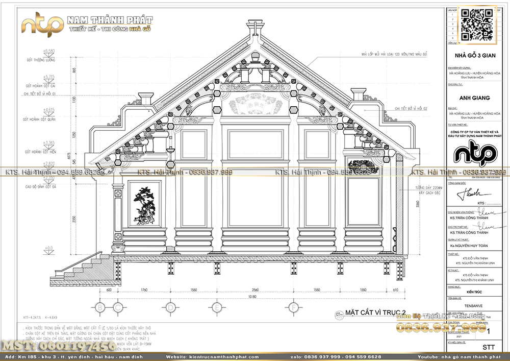 Bản vẽ chi tiết nhà gỗ 3 gian có cột đồng trụ