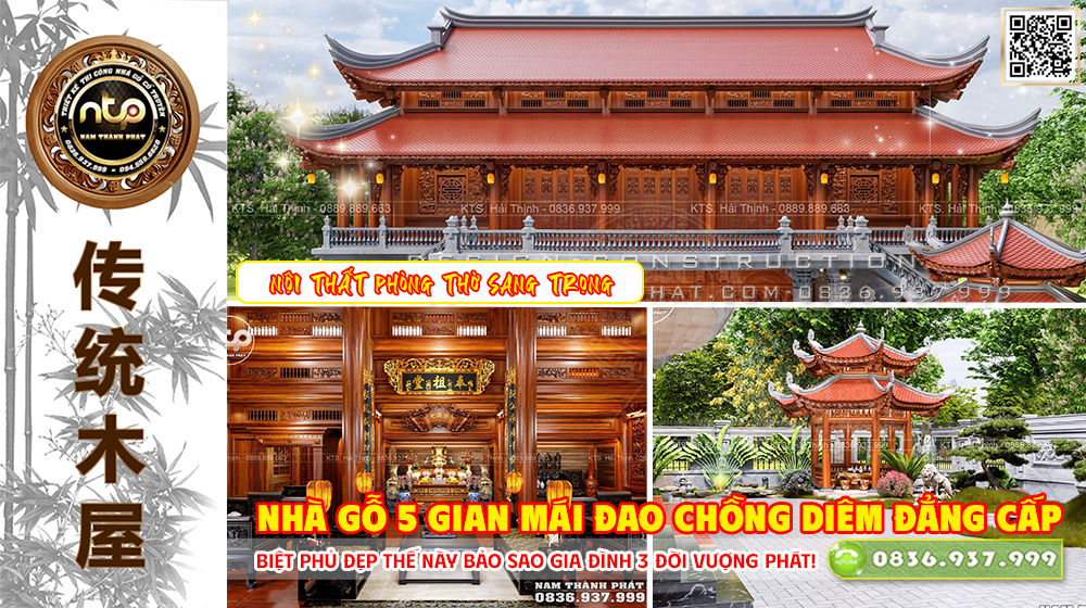 Nhà Gỗ 5 Gian Mái Đao Chồng Diêm Đẳng Cấp | Biệt Phủ Đẹp Thế Này Bảo Sao Gia Đình 3 Đời Vượng Phát! | 0836.937.999