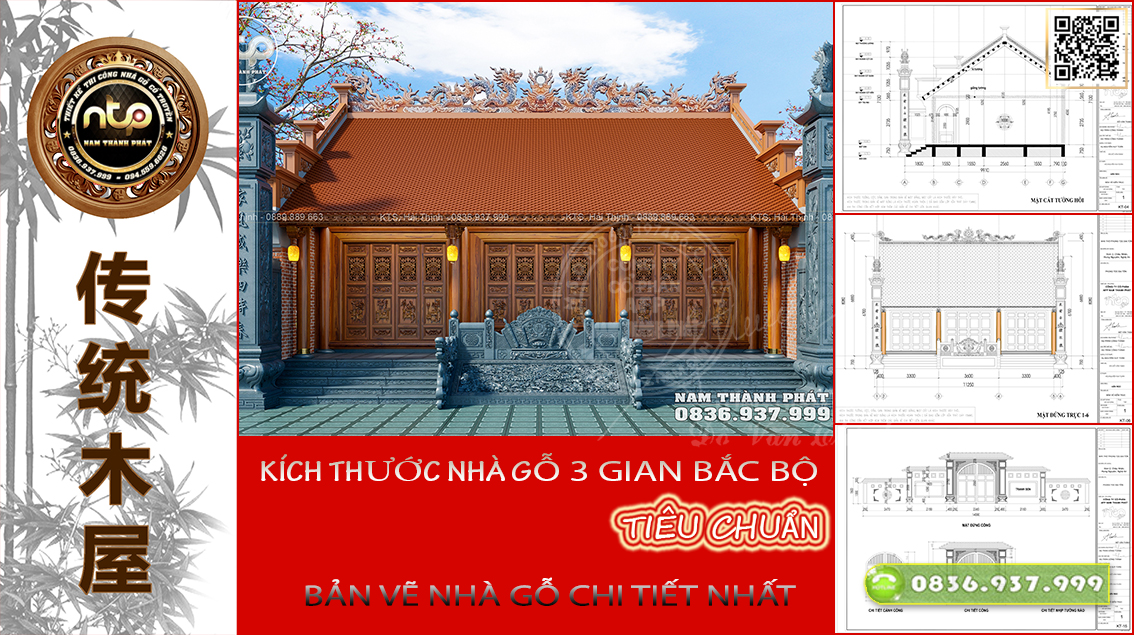 Kích Thước Tiêu Chuẩn Nhà Gỗ 3 Gian Bắc Bộ – Bản Vẽ Thiết Kế Chi Tiết Nhất