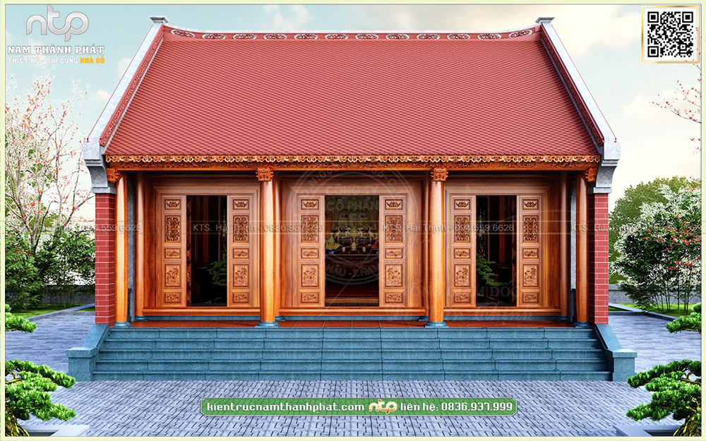 Ngôi Nhà Gỗ 3 Gian Ốp Gạch Thẻ Đỏ Kết Hợp Cửa Sổ Kính Hiện Đại