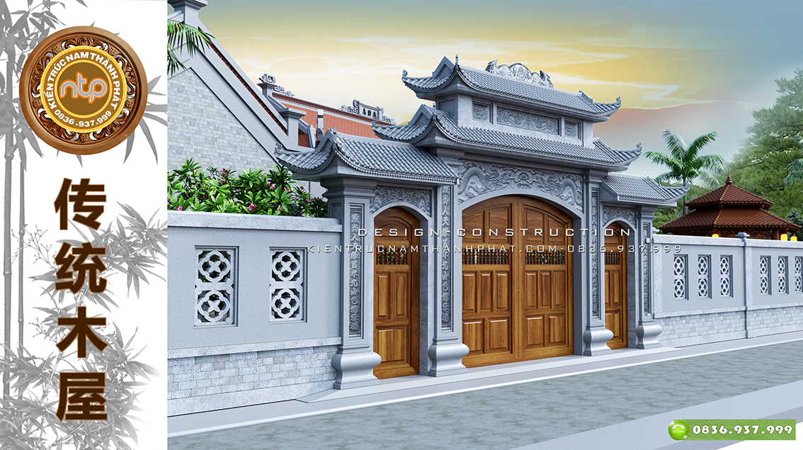 Cổng tường rào đẹp: TOP 10+ Mẫu cổng tường rào đẹp hợp phong thủy trong nhà gỗ cổ truyền