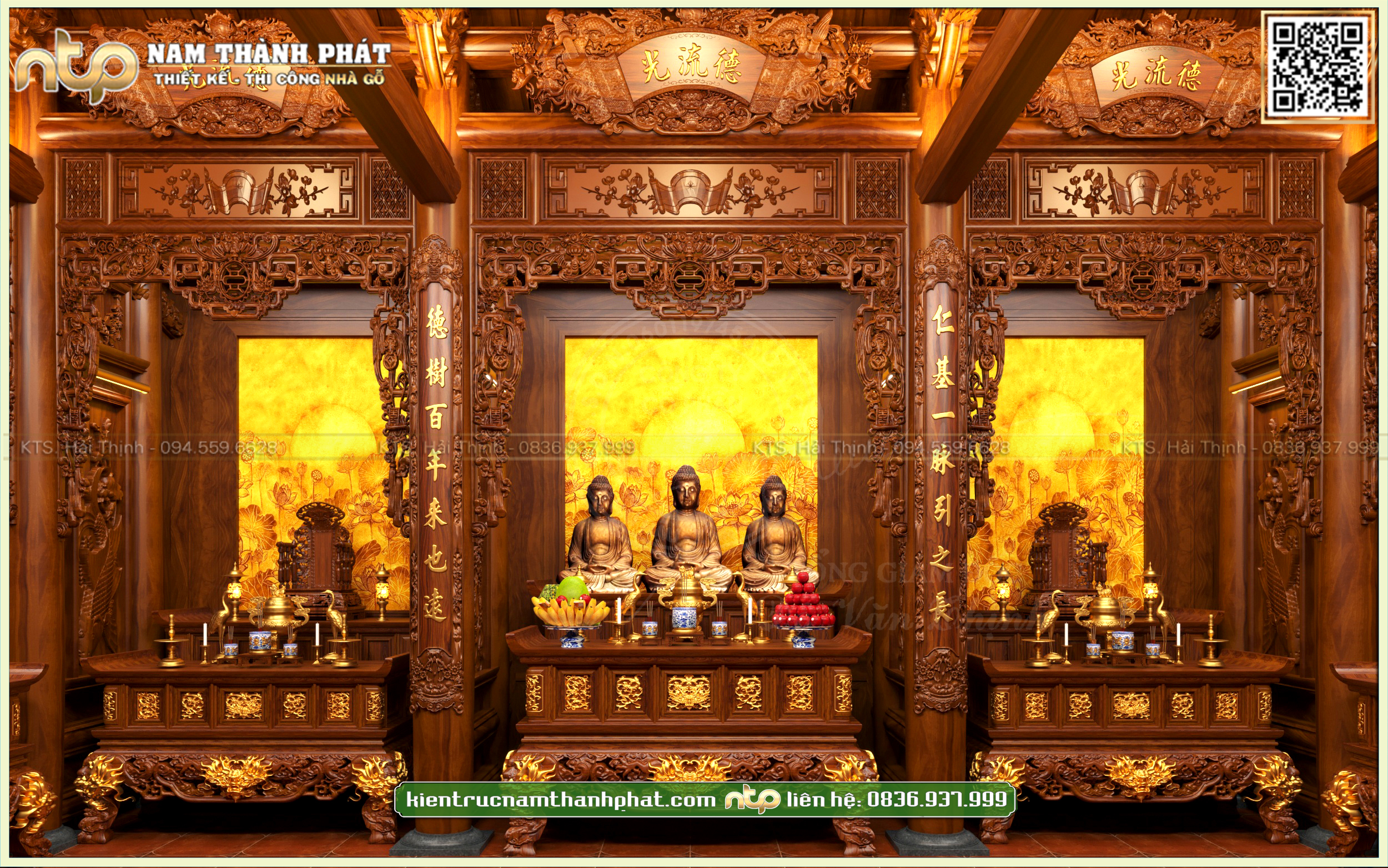 Nội Thất Nhà Gỗ 3 Gian Trên Tầng Thượng - Không Gian Thờ Phật Và Bác Hồ Trang Trọng Linh Thiêng