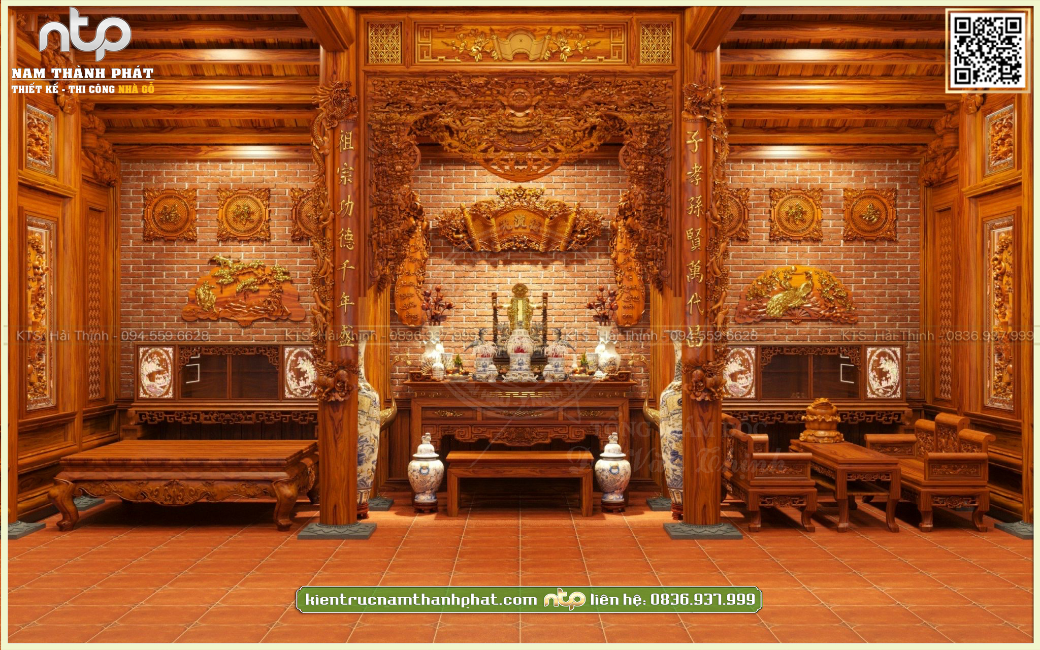 Nội Thất Nhà Gỗ 5 Gian 2 Buồng Tường Hậu Xây Gạch Nung Không Trát - Không Gian Thờ Cúng Kết Hợp Tiếp Khách Lý Tưởng