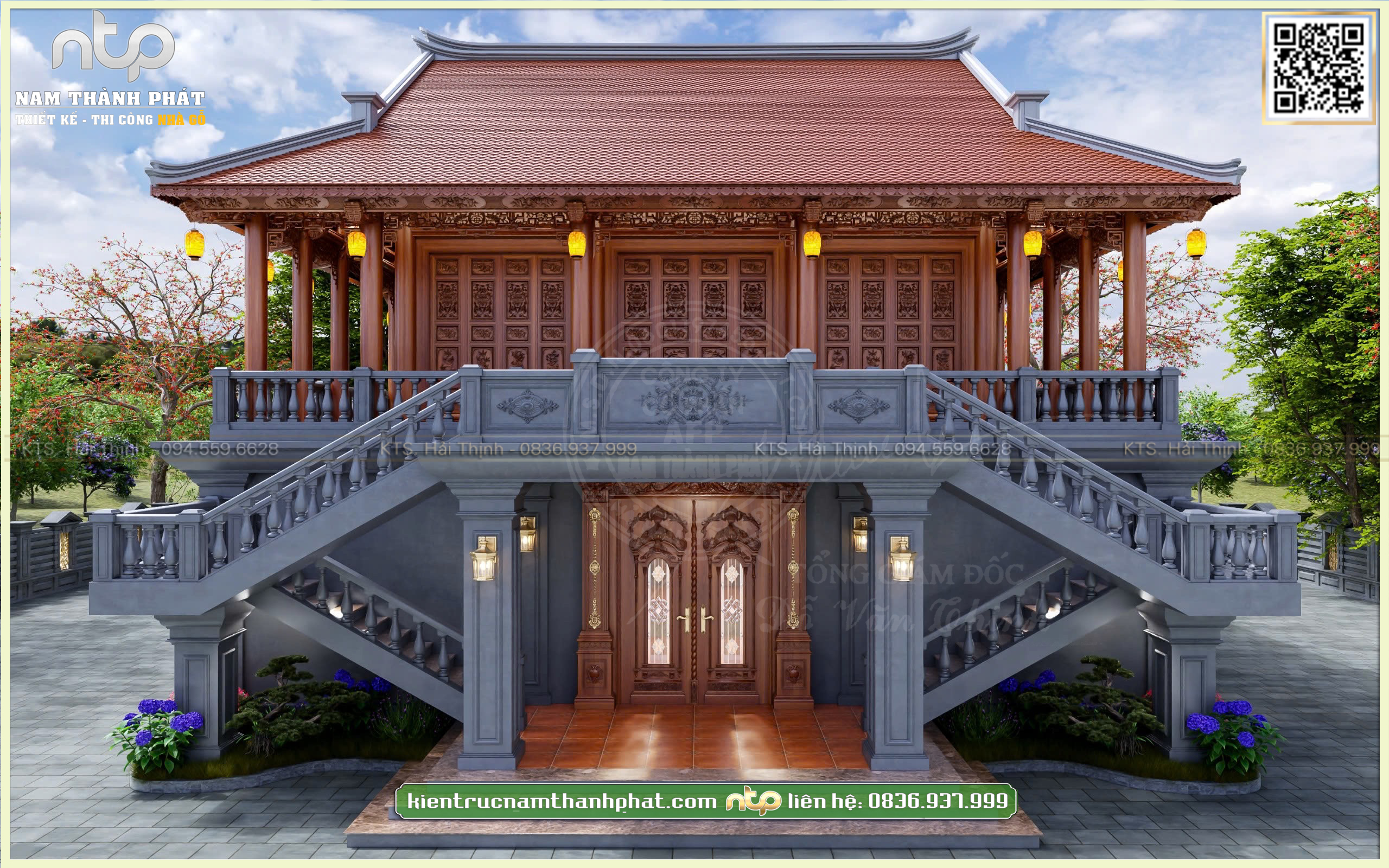 Nhà Gỗ Trên Tầng 2 - Mẫu Nhà Gỗ 3 Gian 4 Mái Trong Khuôn Viên Sân Vườn Rộng Rãi