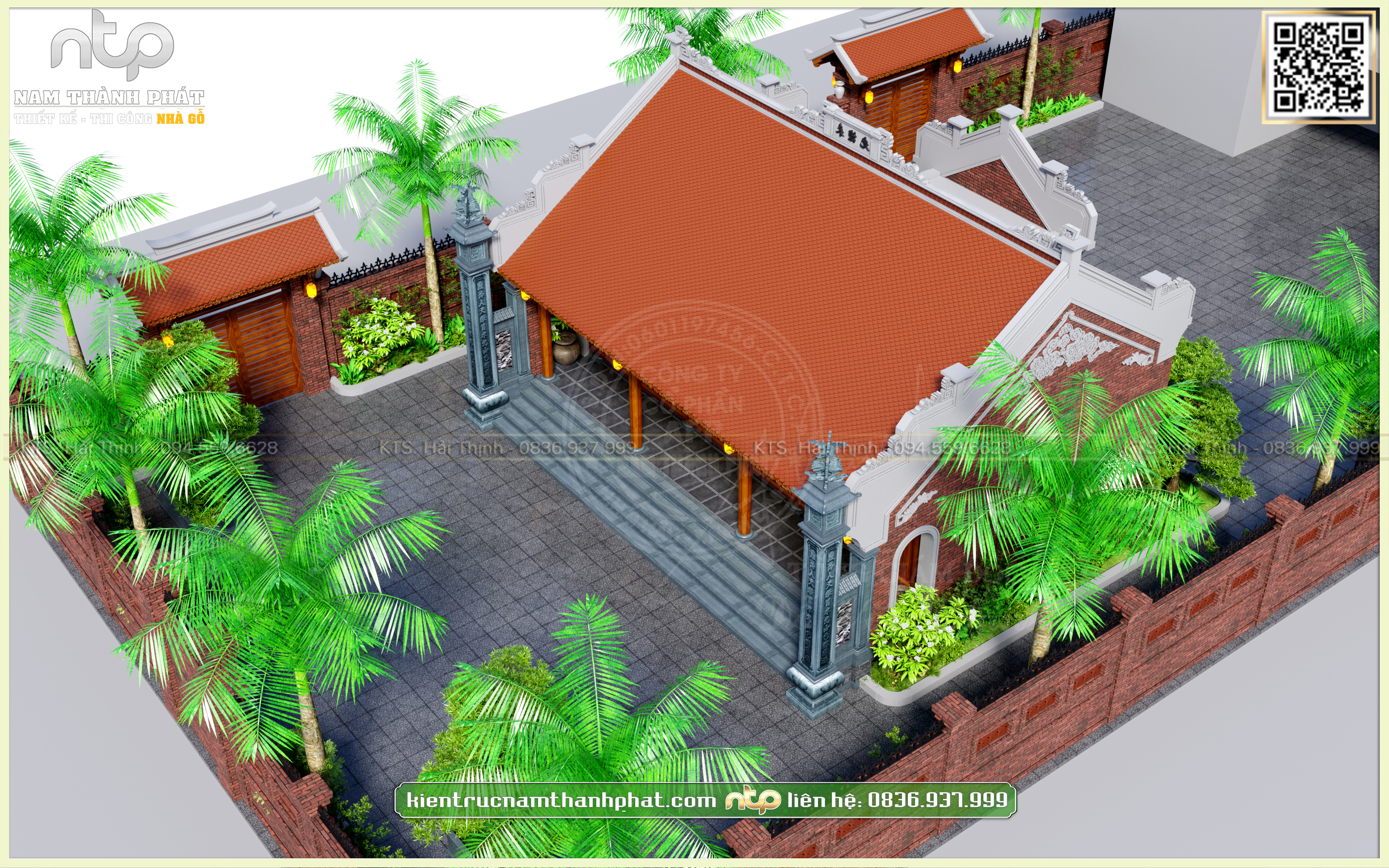 Mẫu Nhà Gỗ 3 Gian Có Hậu Cung Kết Hợp Khuôn Viên Nhà Ngang Sân Vườn Xanh Mát Tại Thái Bình