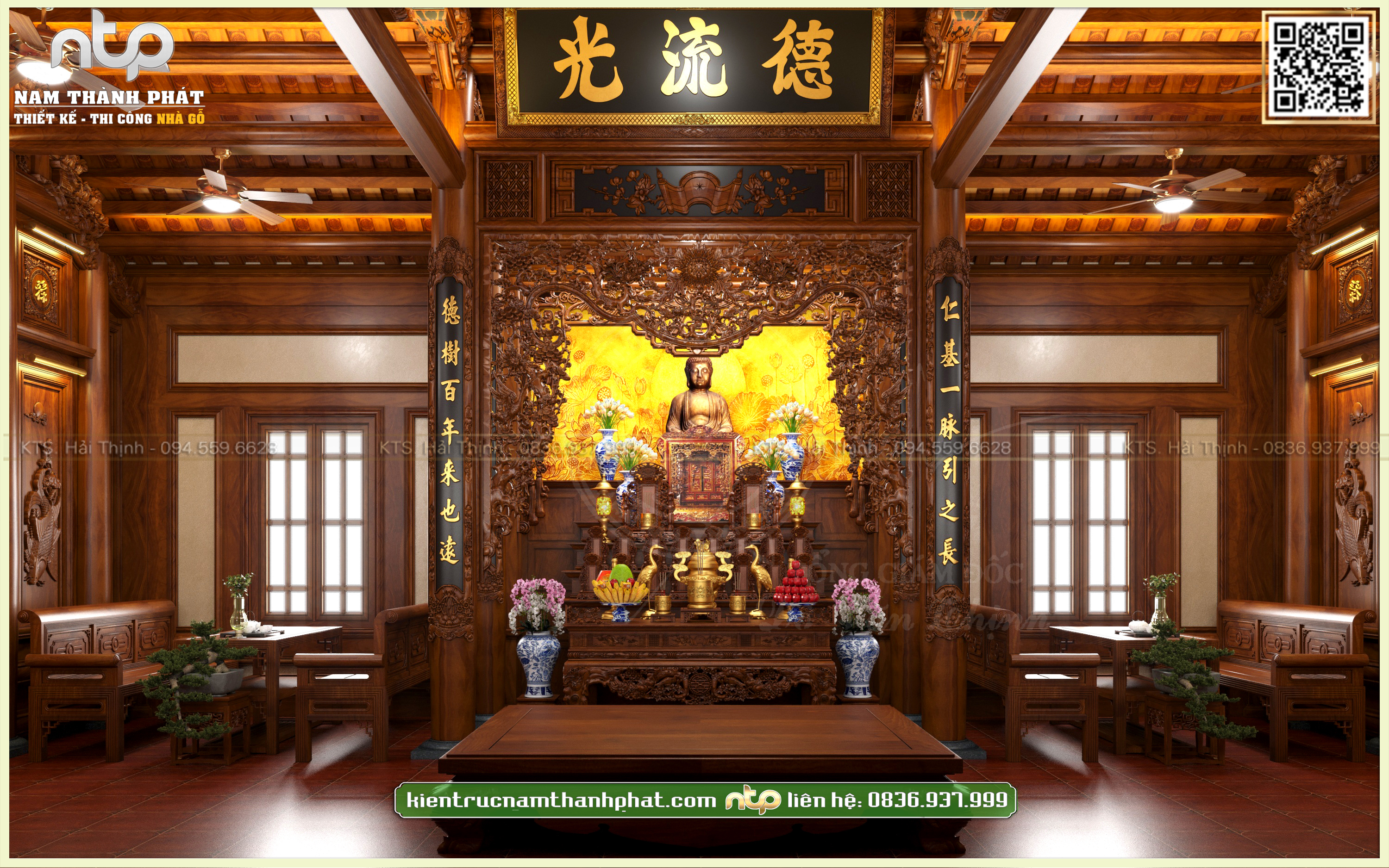 Nội Thất Nhà Gỗ 3 Gian Có Hậu Cung Tại Thái Bình - Kết Hợp Thờ Phật Và Thờ Gia Tiên Cực Đẹp