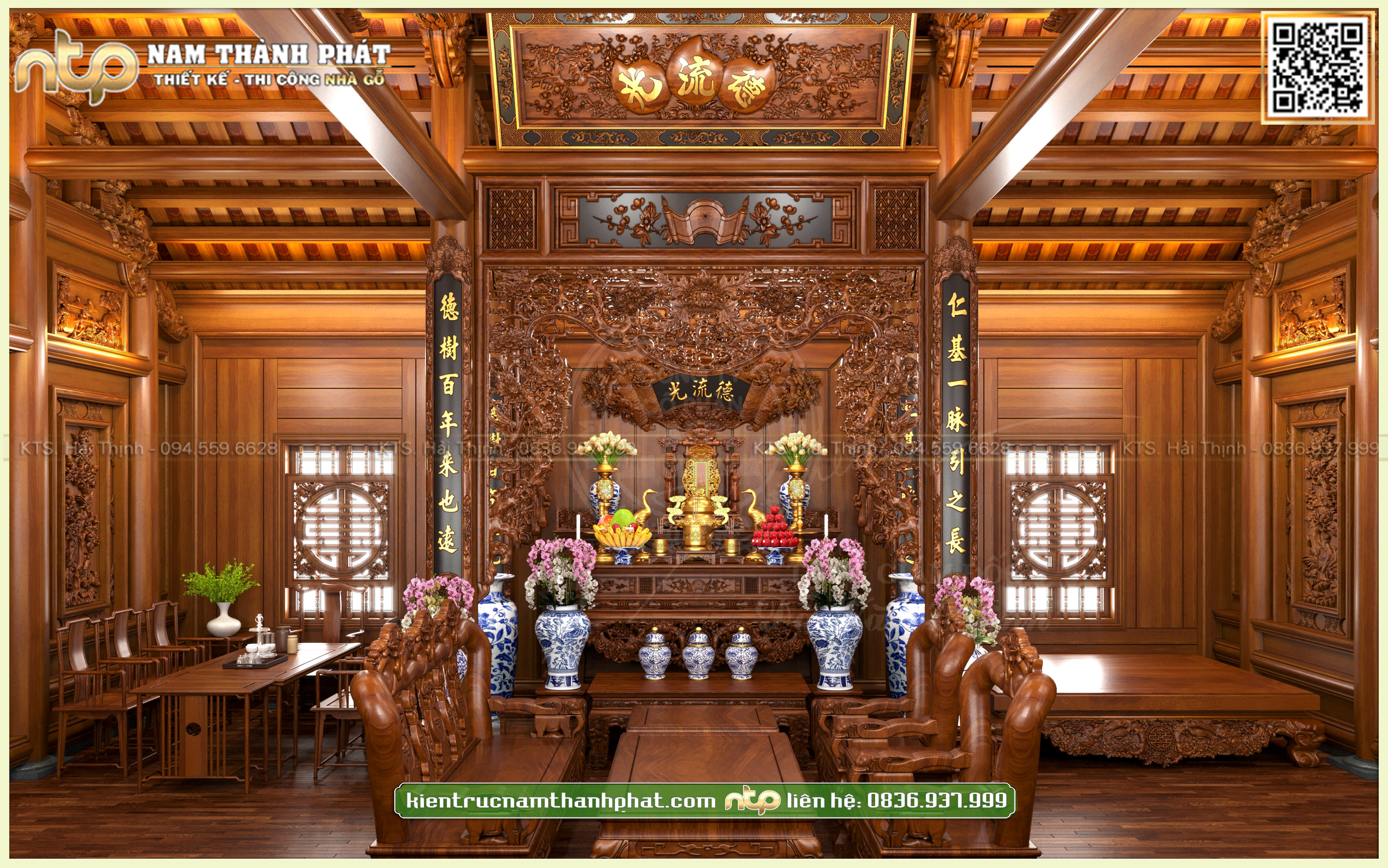 Mẫu Thiết Kế Nội Thất Nhà Gỗ 5 Gian: Không Gian Thờ Cúng Và Tiếp Khách Sang Trọng Đẳng Cấp.