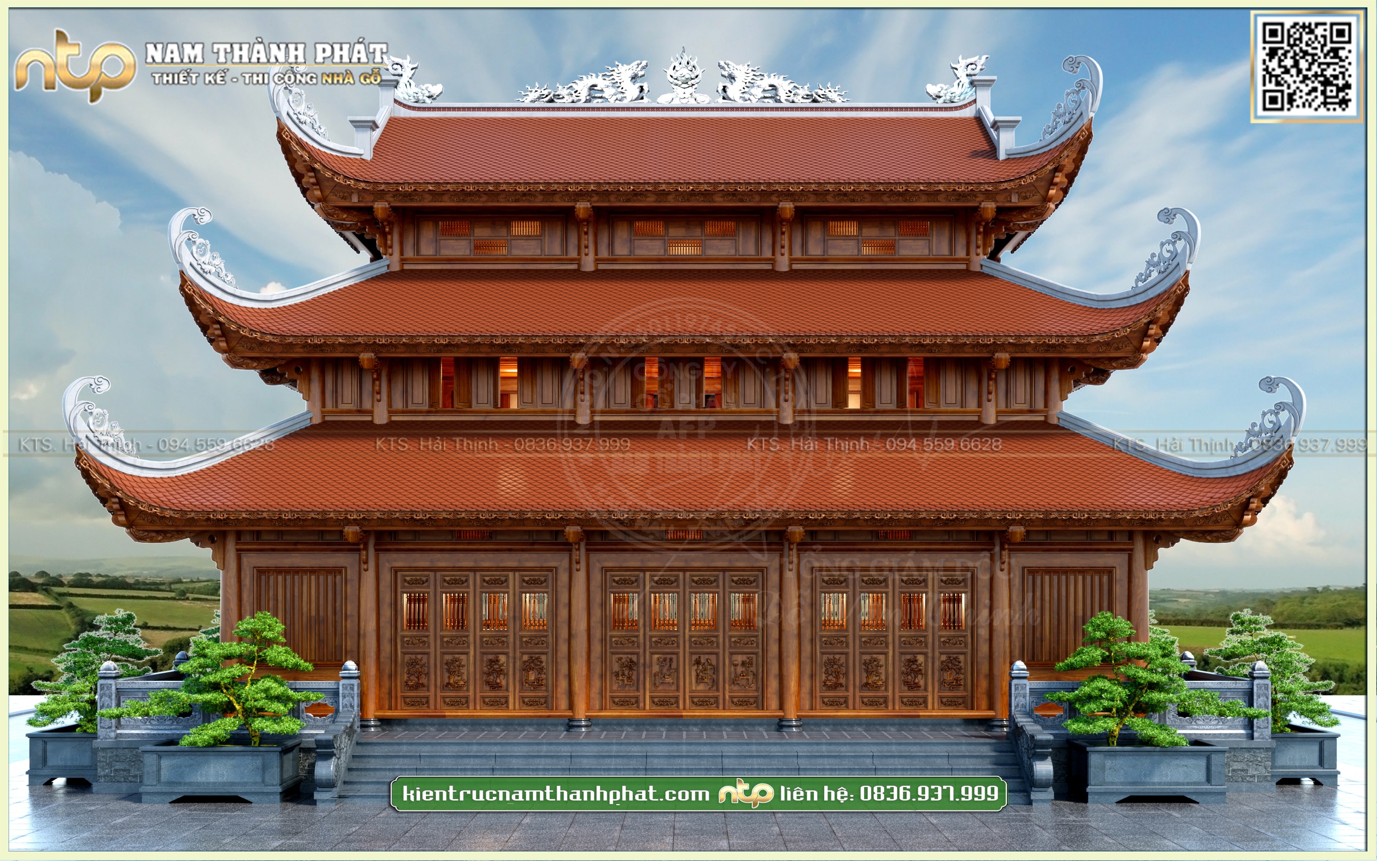 Bản Vẽ Thiết Kế Nhà Gỗ 5 Gian Chồng Diêm 3 Tầng Mái - Đền Thờ 5 Gian Mái Đao Tại Quảng Ninh - Nam Thành Phát