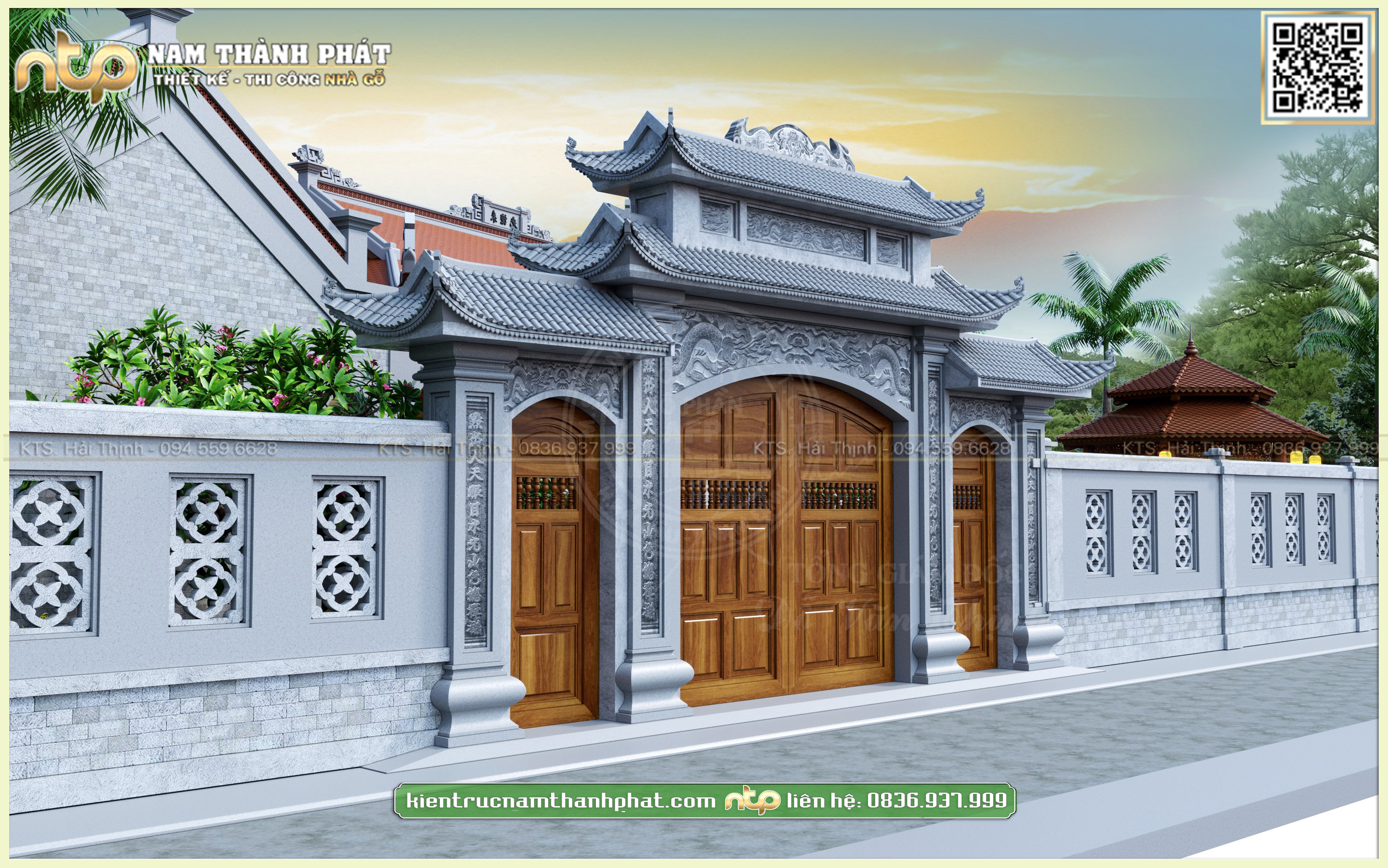 Mẫu Thiết Kế Cổng Tam Quan Kết Hợp Giữa Gỗ Và Đá | Cổng Gỗ Trong Nhà Gỗ 3 Gian Sân Vườn