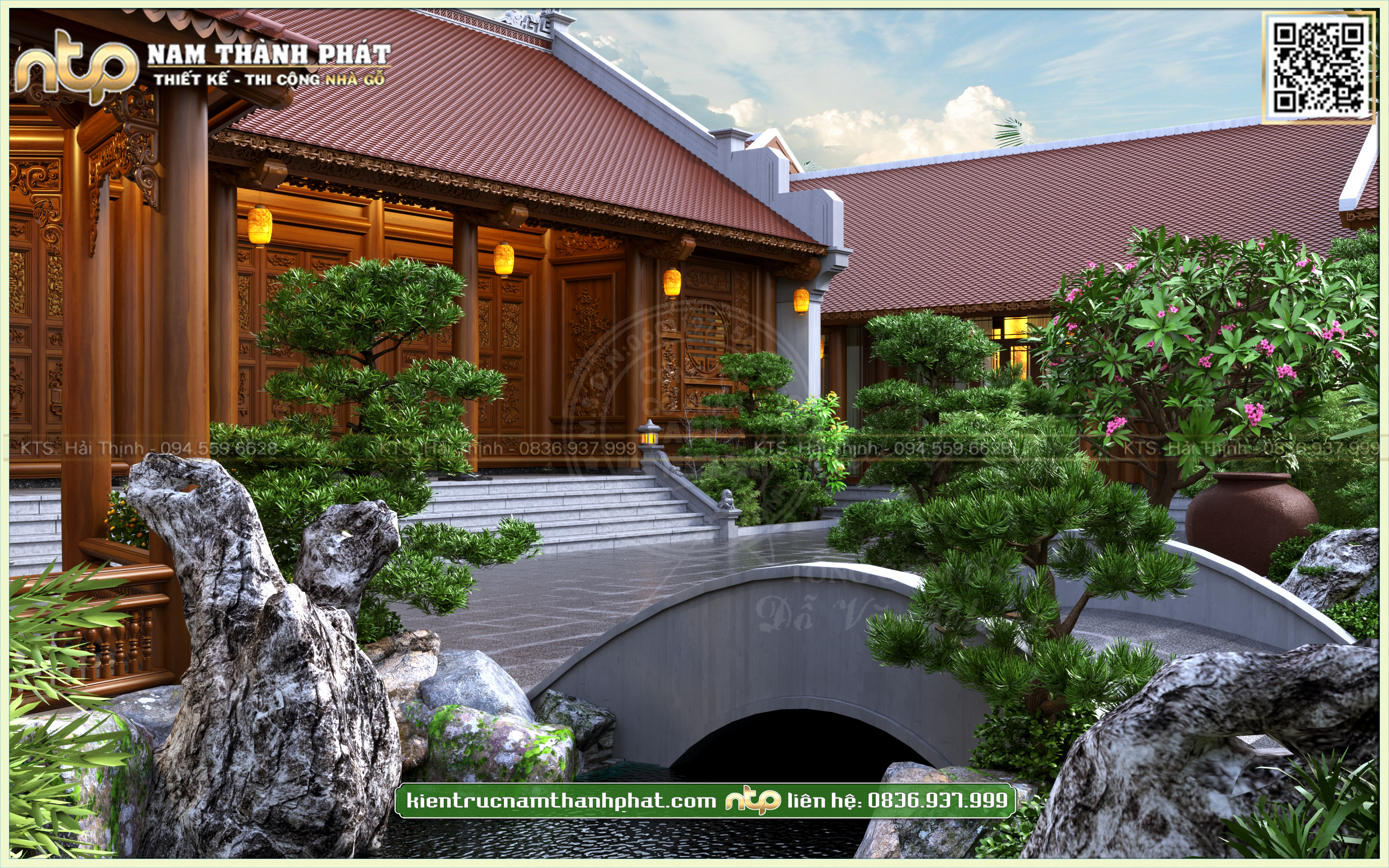 Khuân viên nhà gỗ 5 gian 2 chái kết hợp nhà ngang và lầu lục giác khiến vạn người mê