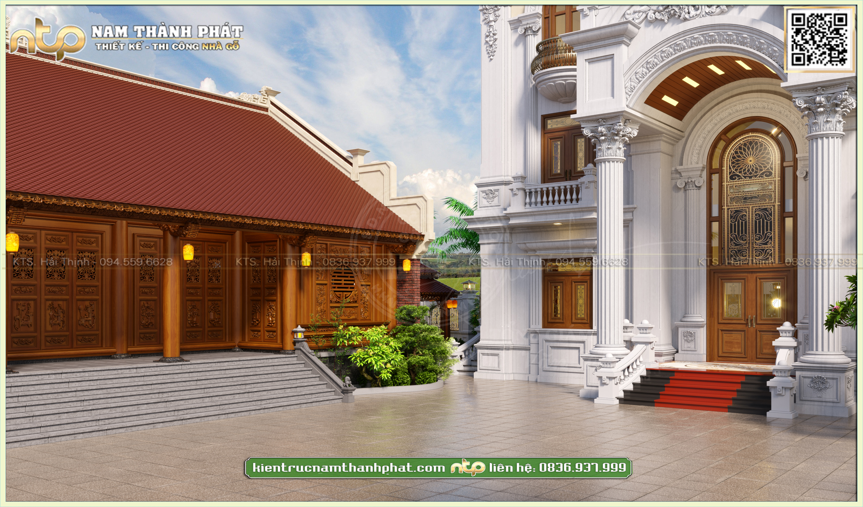 Mẫu nhà gỗ 5 gian kết hợp biệt thự tân cổ điển siêu đẹp- thiết kế đẳng cấp độc đáo ấn tượng