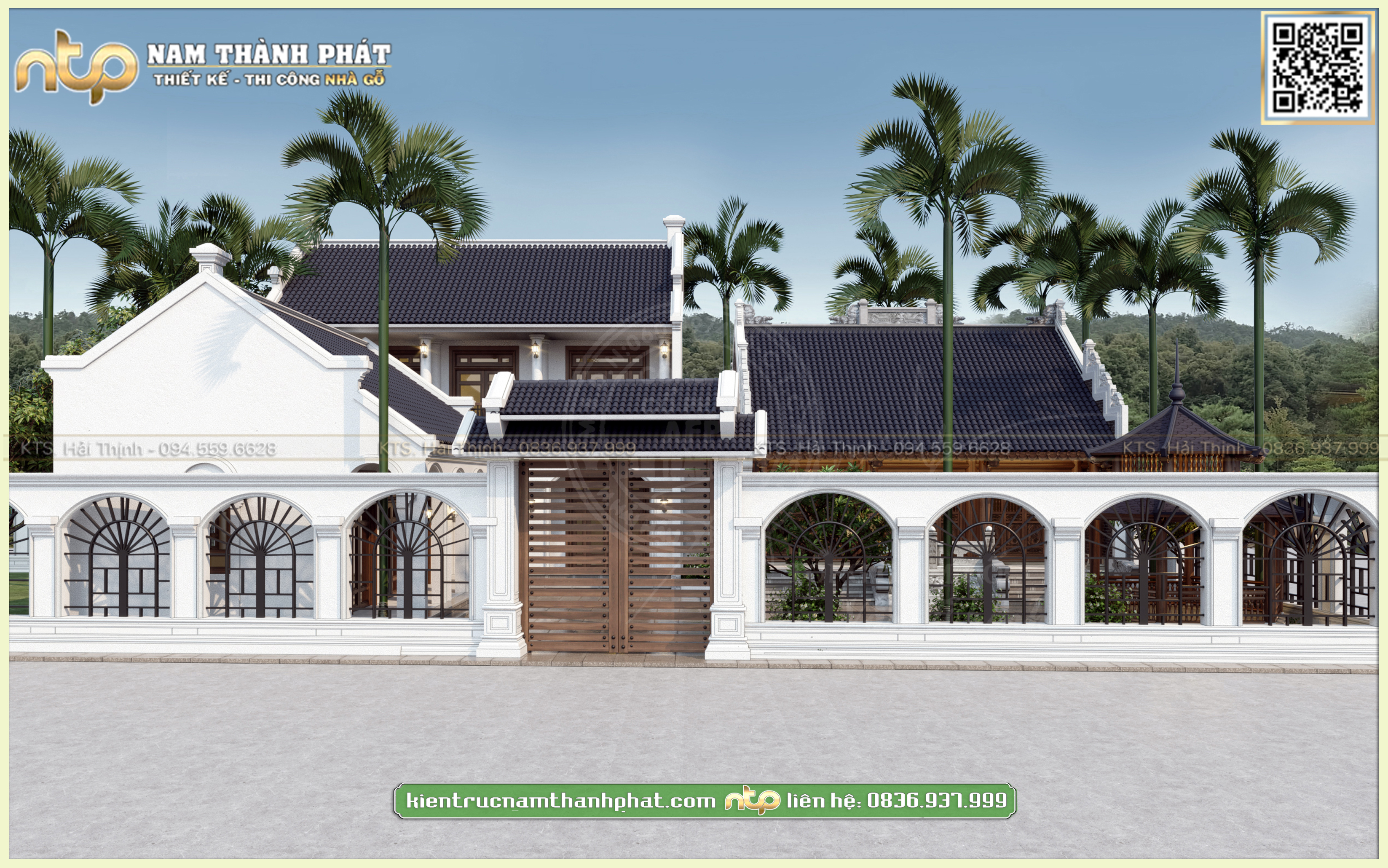 Mẫu Cổng Gỗ 2 Cánh Đơn Giản Kết Hợp Tường Rào Sắt Mái Vòm Nhẹ Nhàng