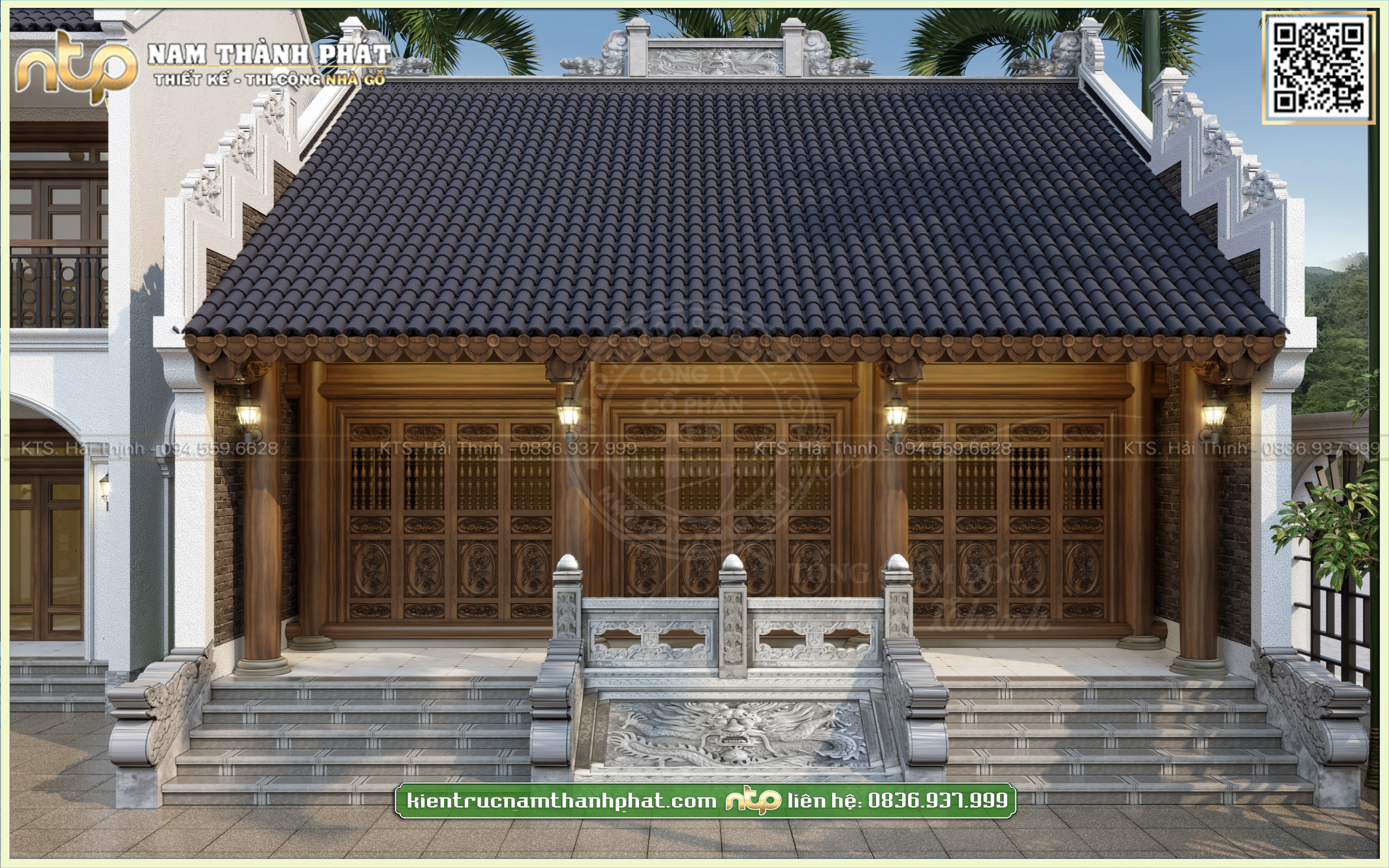 Nhà gỗ 3 gian 18 cột thờ cúng riêng biệt kết hợp nhà ngang hiện đại tiện nghi - Sử dụng ngói lưu ly đẹp mắt