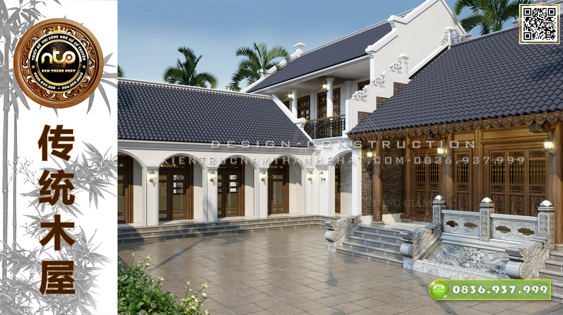 Nhà gỗ 3 gian 18 cột - Mẫu từ đường 3 gian cổ kính kết hợp nhà ngang 2 tầng hiện đại cùng sân vườn xanh mát tiện nghi | Nhà gỗ Nam Thành Phát
