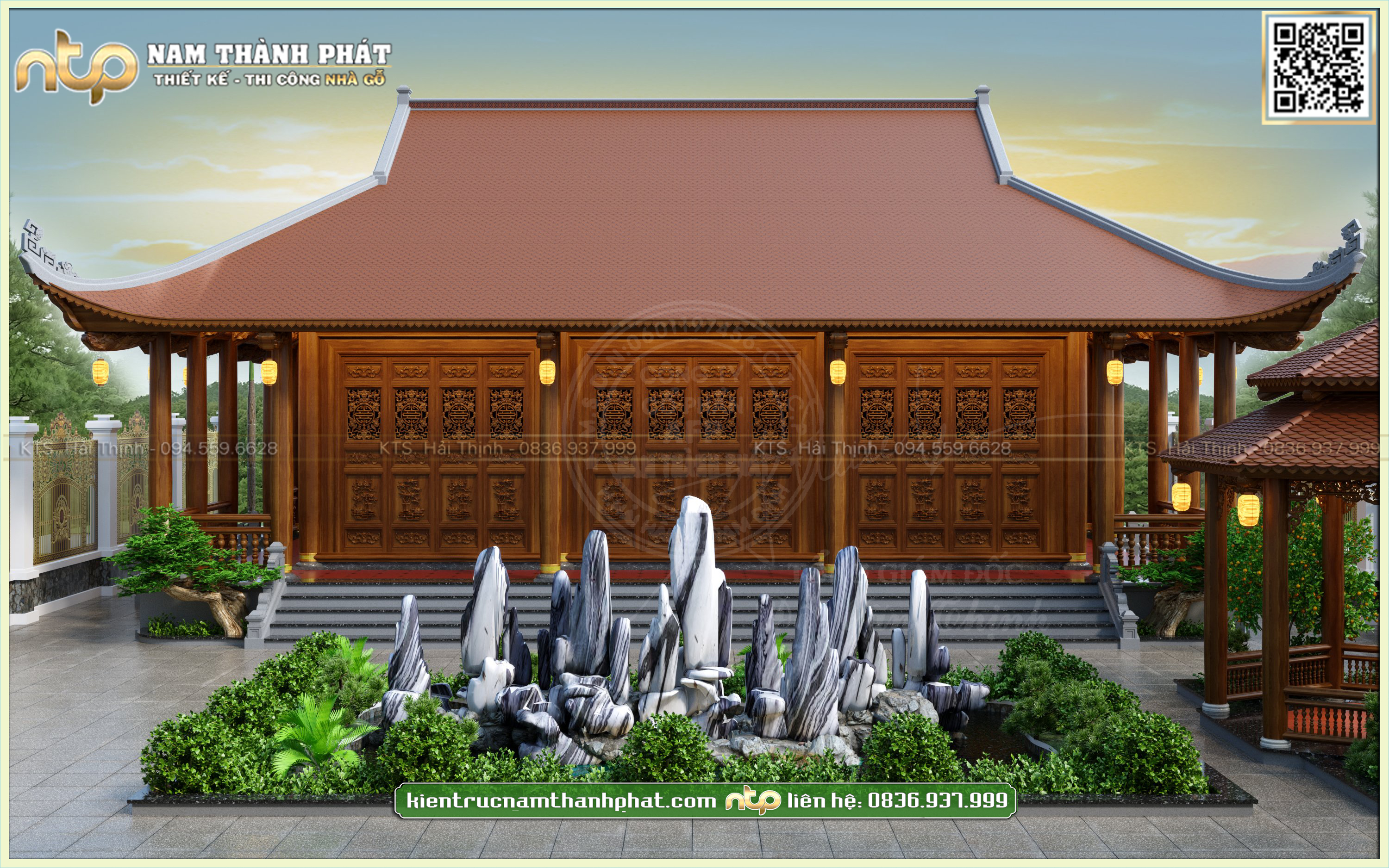 Thiết kế nhà thờ 3 gian 4 mái kết hợp chòi gỗ sân vườn đẹp tiện nghi | Nam Thành Phát