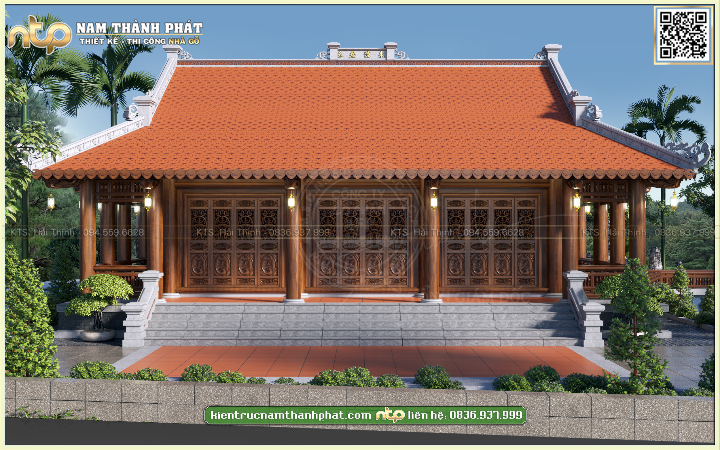 Nhà gỗ 3 gian 4 mái kết hợp nhà ngang tại Hà Nội