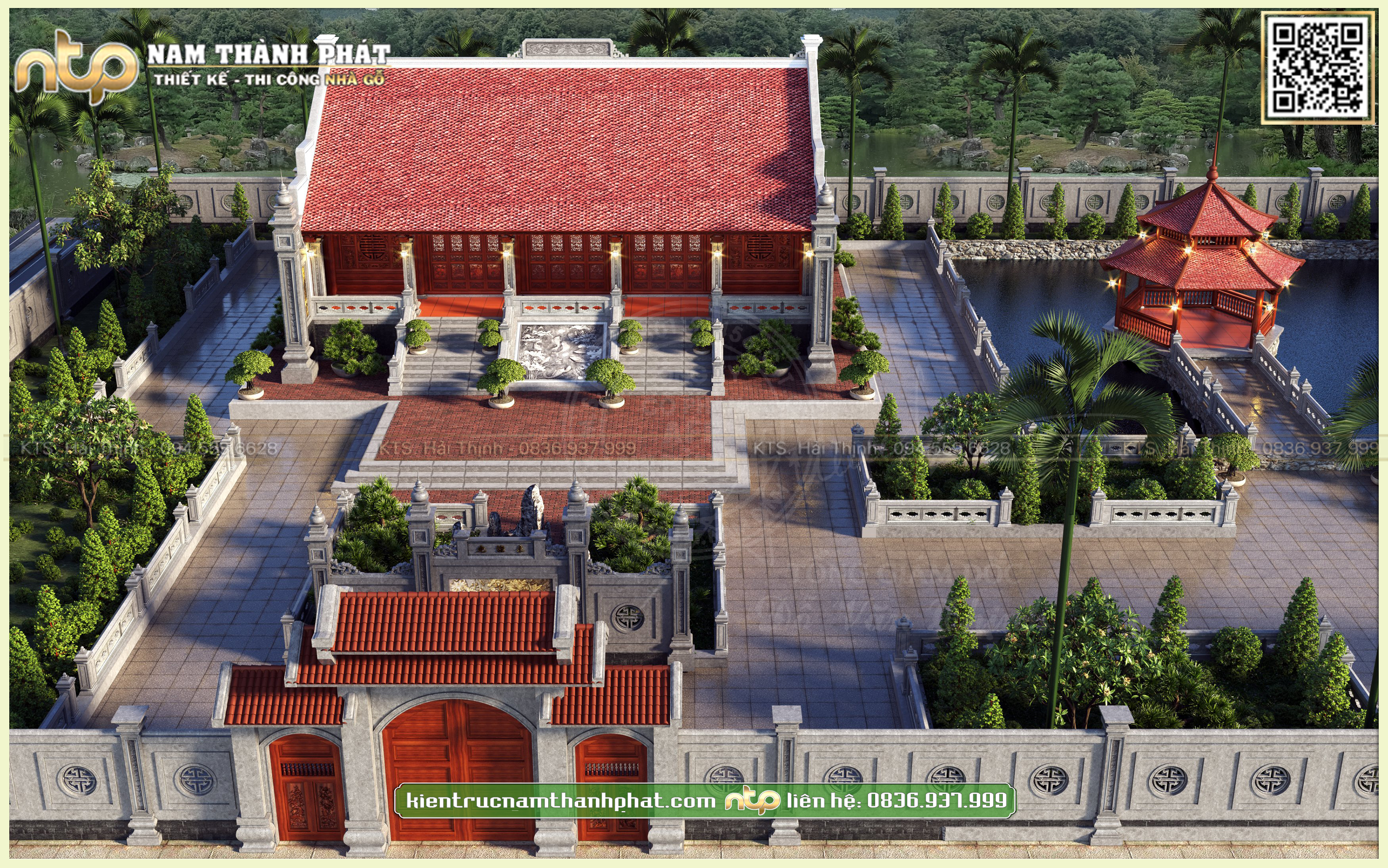 Mẫu Cổng Tam Quan Trong Khuôn Viên Nhà Gỗ 5 Gian 2 Buồng Kết Hợp Lầu Trà Sân Vườn Rộng Rãi