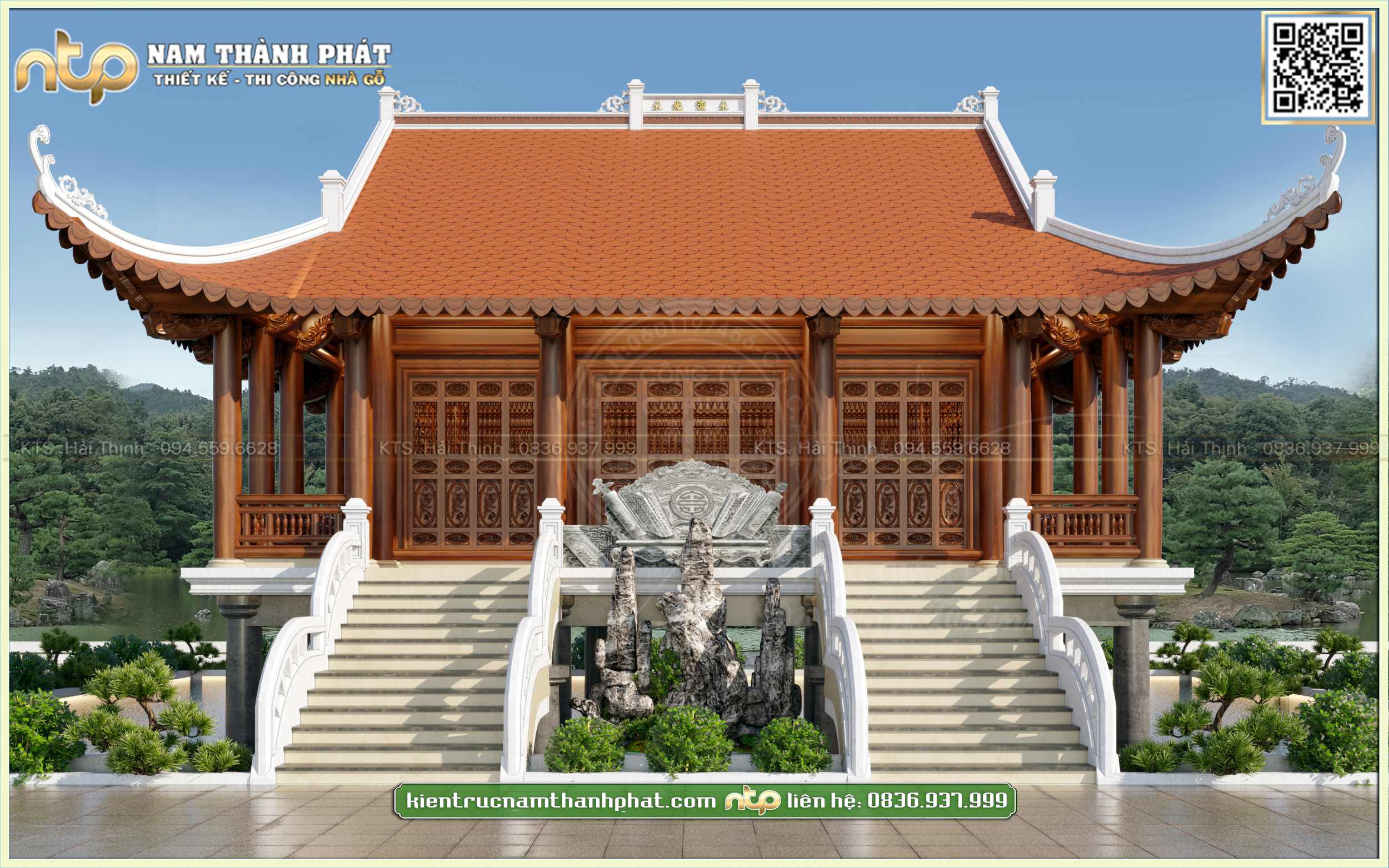 Từ đường 3 gian 4 mái đao gỗ Lim đặt trên mặt hồ tại Thái Bình