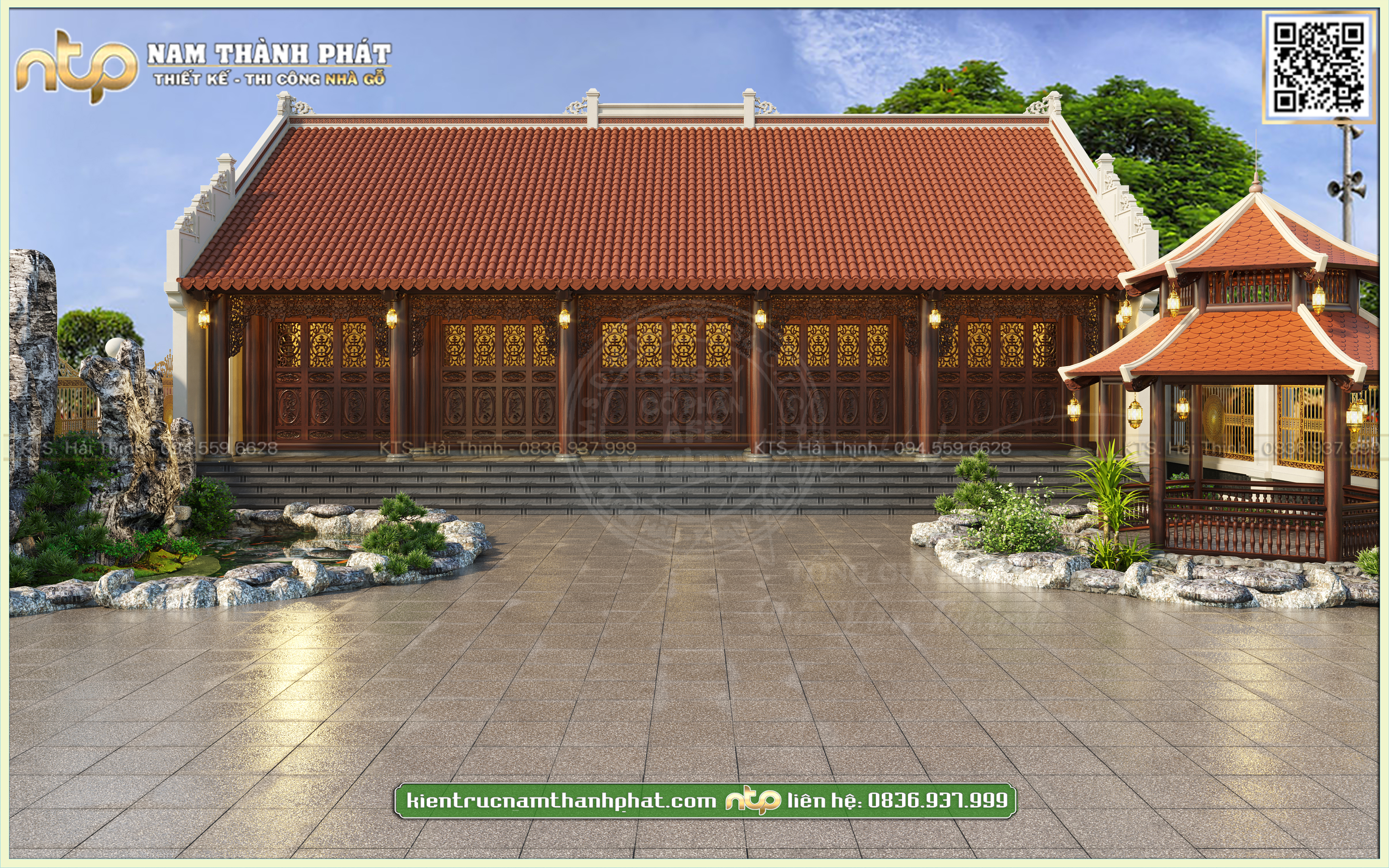 Mẫu nhà gỗ cổ truyền 5 gian thông hiên kết hợp lầu lục giác, hòn non bộ tại Hà Nội