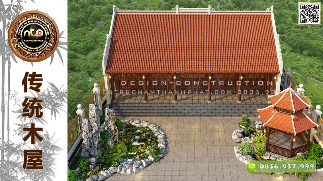 Mẫu thiết kế nhà gỗ 5 gian thông hiên cùng chòi nghỉ hồ cá Koi - Không gian nghỉ dưỡng tuyệt vời | Nhà gỗ Nam Thành Phát
