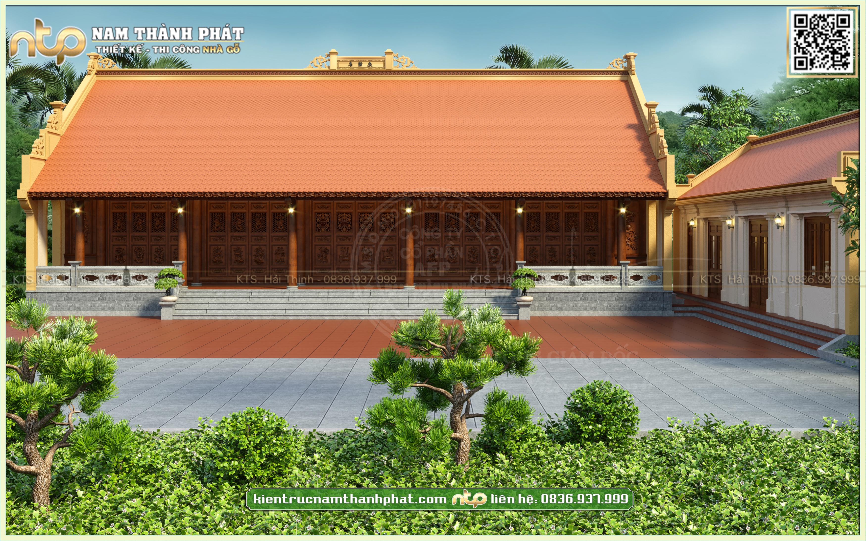 Mẫu nhà gỗ 5 gian cổ truyền kết hợp nhà ngang tại Hải Phòng