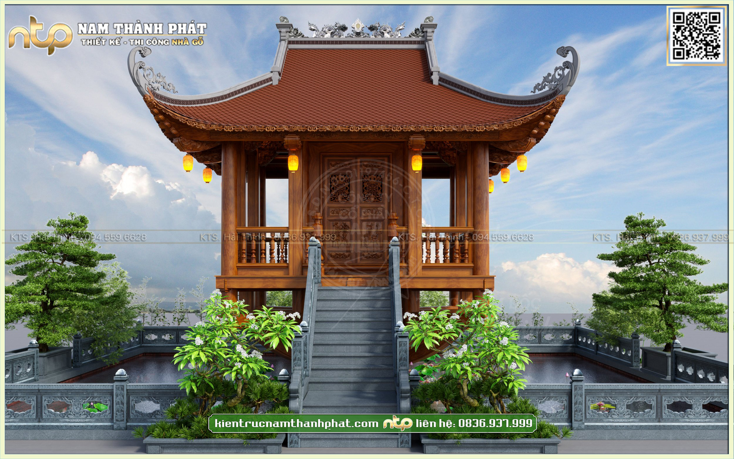 Mẫu nhà gỗ cổ truyền 1 gian giữa hồ độc đáo | Kiến Trúc Nam Thành Phát