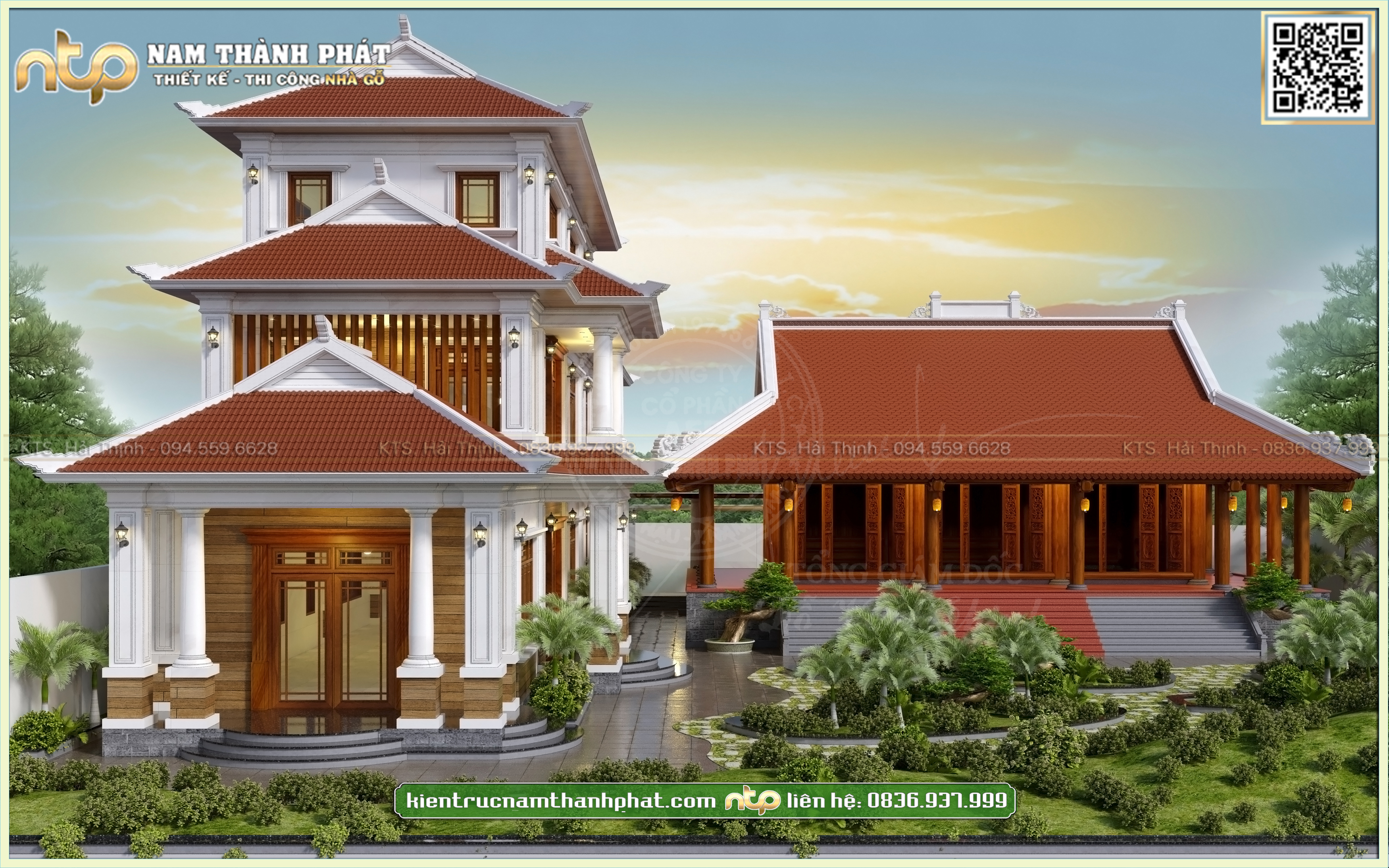 Nhà gỗ 3 gian 4 mái truyền thống kết hợp nhà ngang hiện đại 3 tầng sinh hoạt tiện nghi | Nhà gỗ Nam Thành Phát