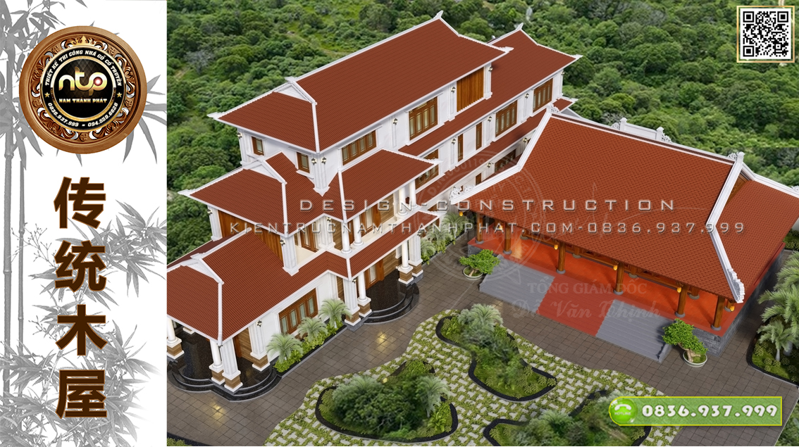 Nhà gỗ kết hợp nhà xây hiện đại | Mẫu thiết kế nhà gỗ 3 gian 4 mái trong quần thể nhà gỗ sân vườn | AFP Nam Thành Phát