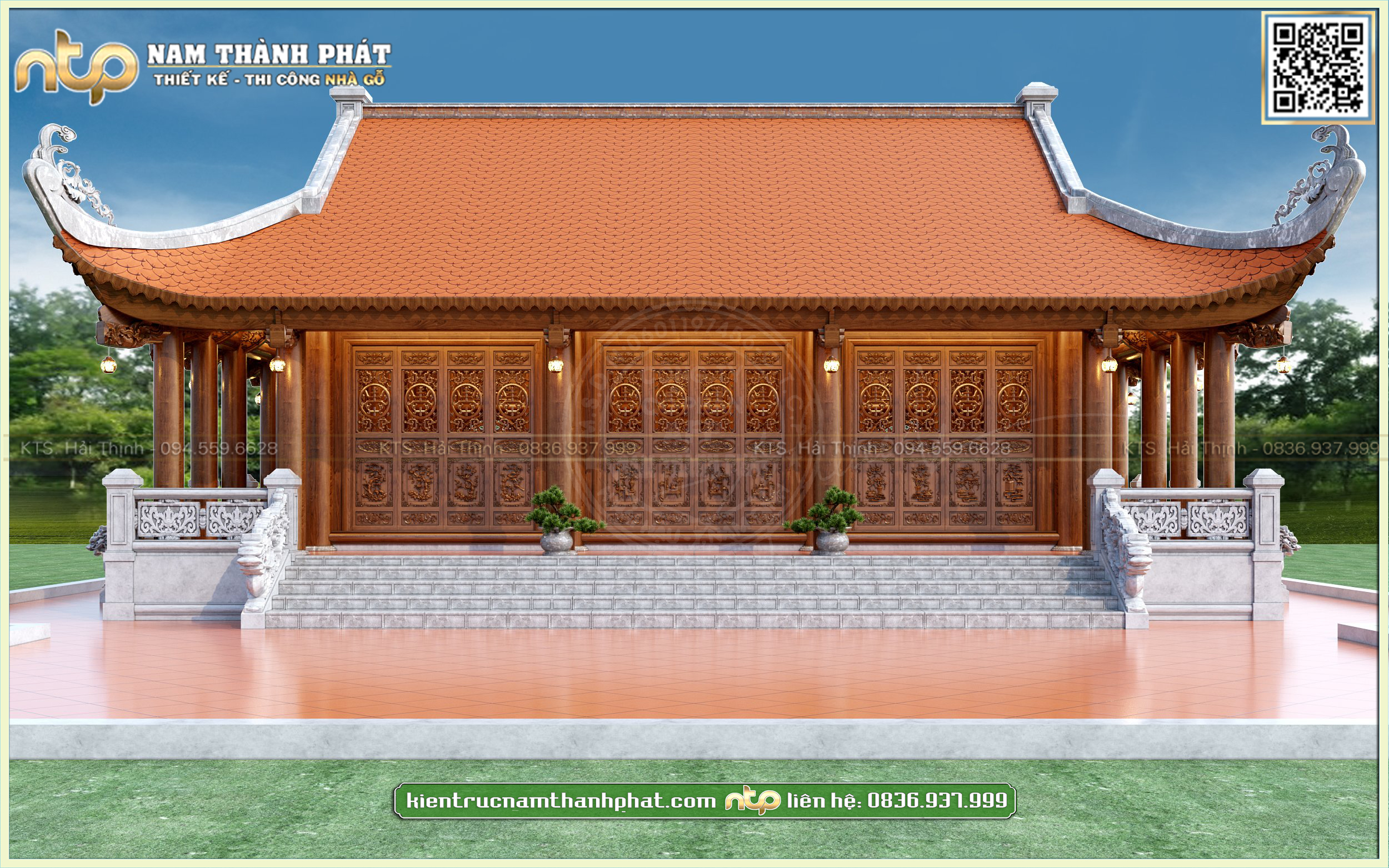 Mẫu thiết kế nhà gỗ 3 gian 4 mái đao với 3 bộ cửa bức bàn đục tinh xảo - Nam Thành Phát 0836937999