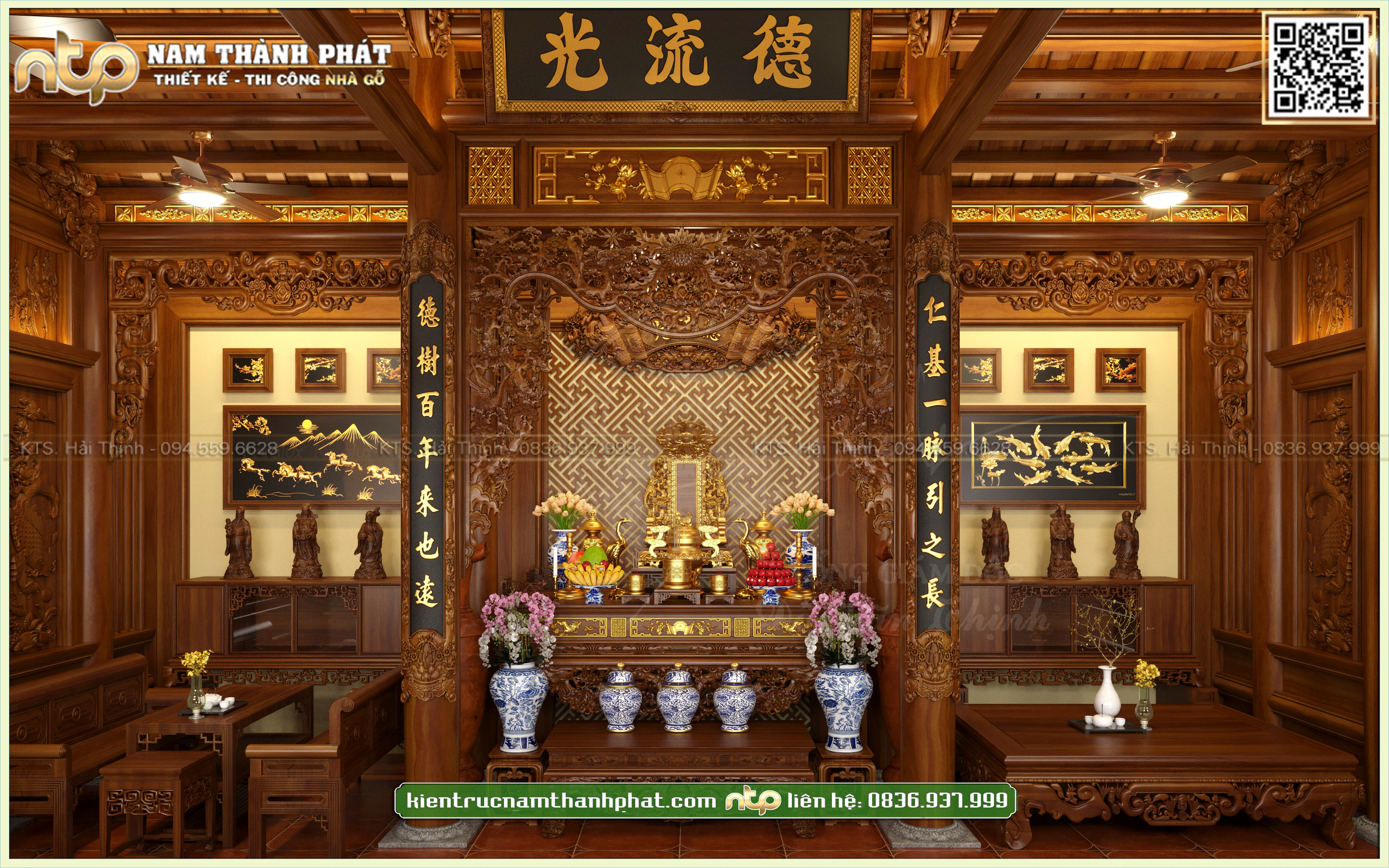 Không gian nội thất nhà gỗ 5 gian đẹp cùng diện tường án gian được đục triện gấm hoa đơn giản mà tinh tế sang trọng | Nam Thành Phát