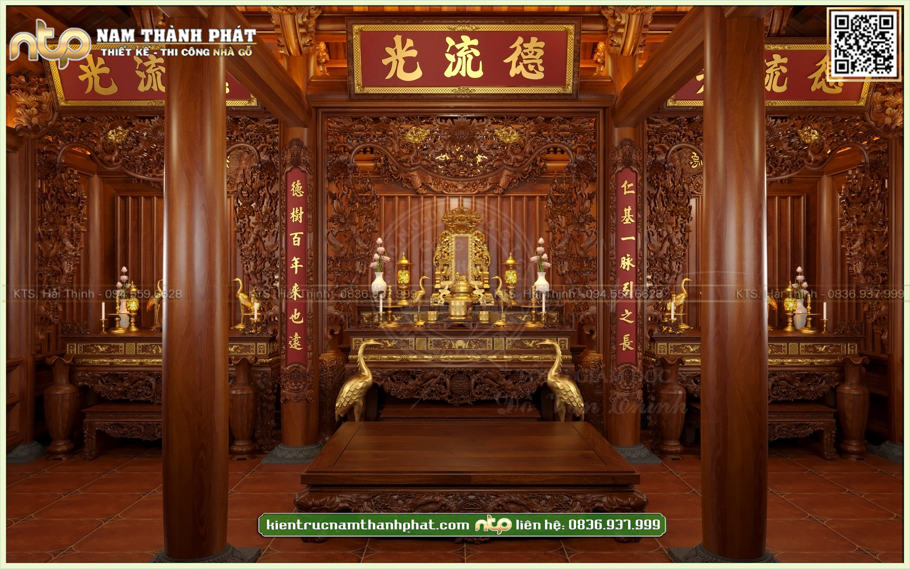 Nội thất từ đường 5 gian vì thuận được ôp đố vỏ măng đơn giản | Nam Thành Phát 0836 937 999