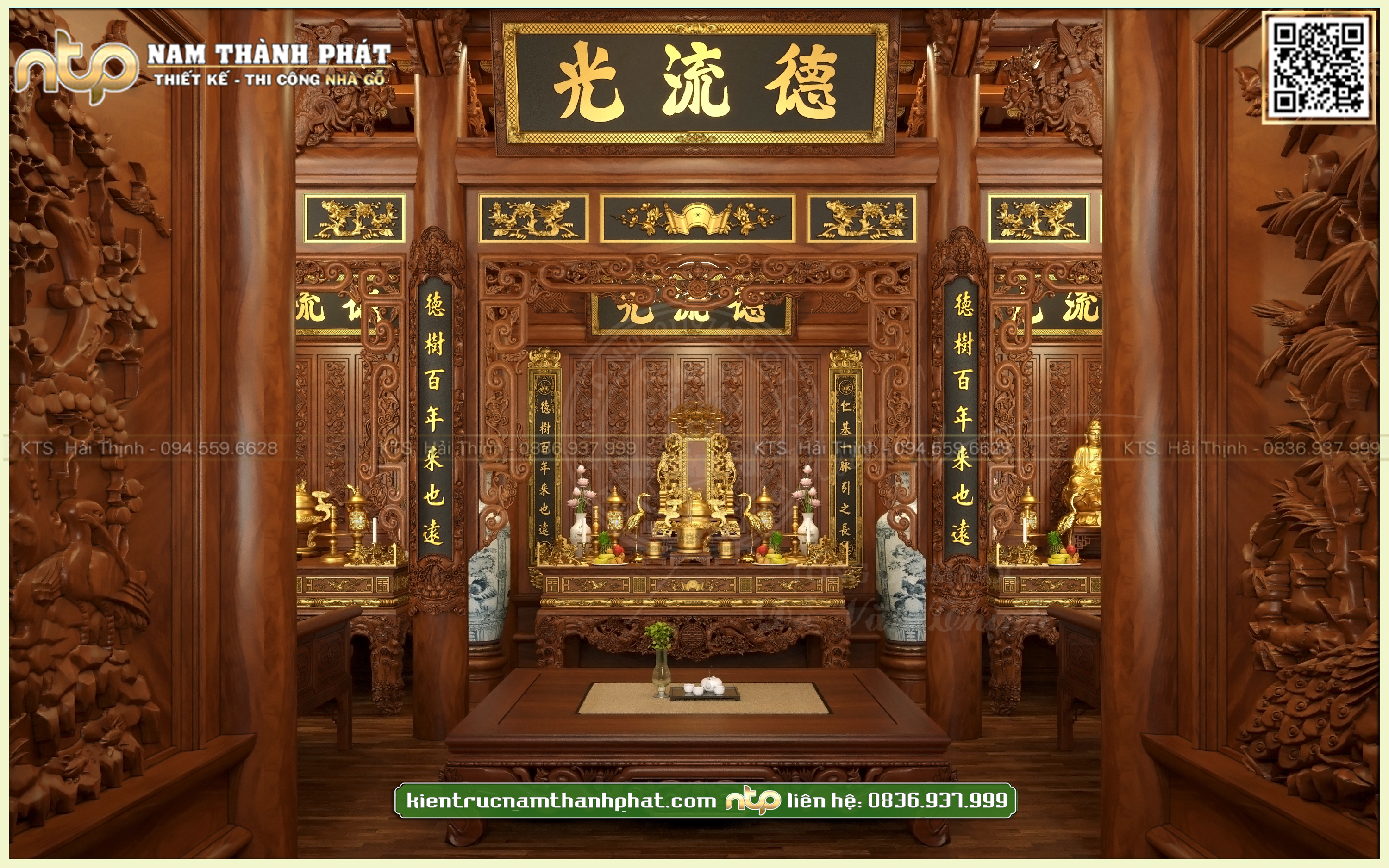 Nội thất nhà gỗ 3 gian 8 mái đao với các chi tiết dát vàng nổi bật | Nam Thành Phát 0836 937 999