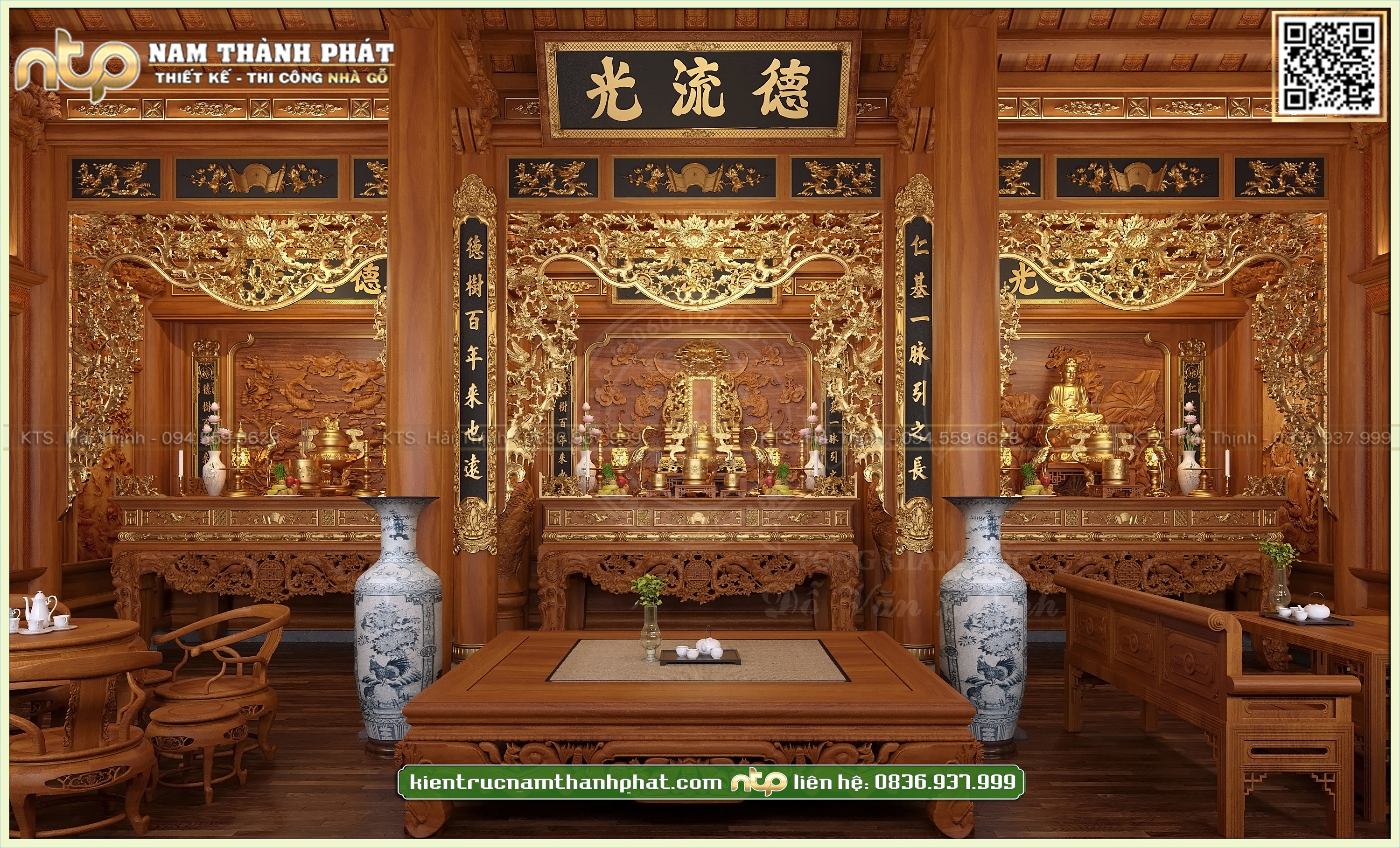 Mẫu thiết kế nội thất nhà gỗ 3 gian gỗ gõ dát vàng nổi bật | Nam Thành Phát 0836 937 999