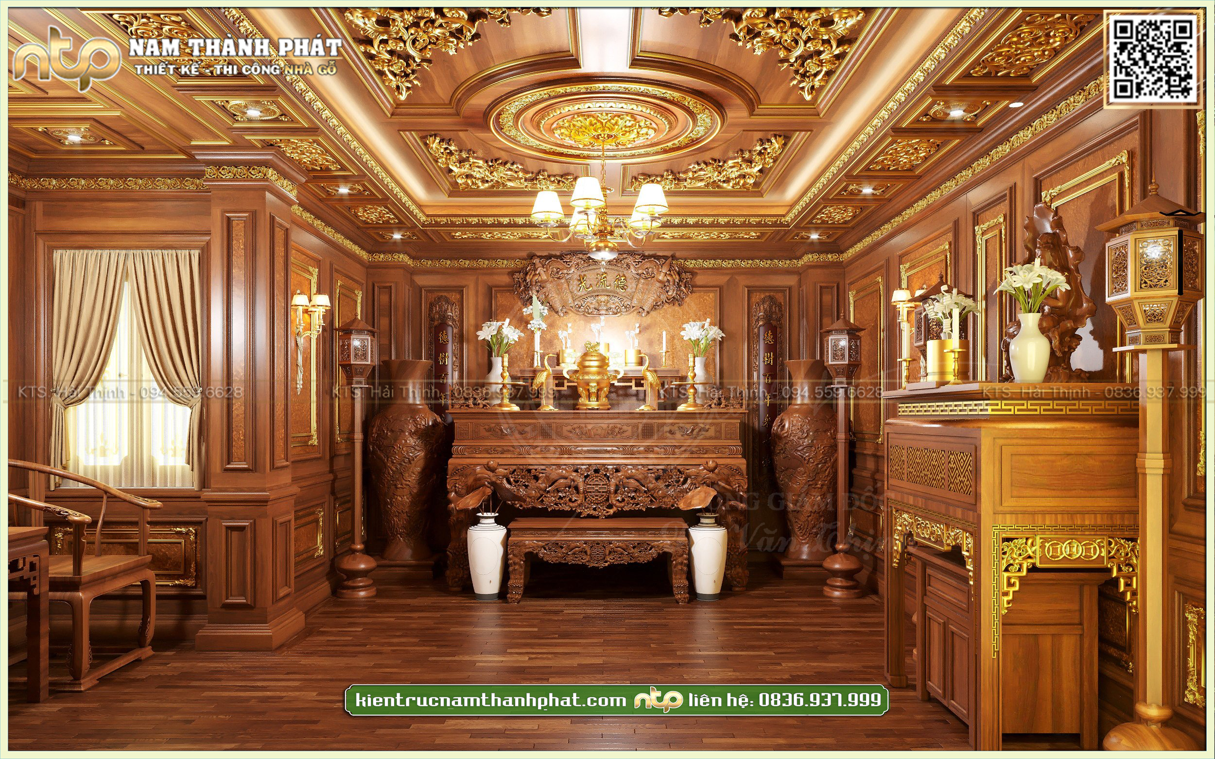 Mẫu thiết kế nội thất phòng thờ kết hợp bàn thờ phật đẹp tại Hà Nội | Nhà gỗ Nam Thành Phát
