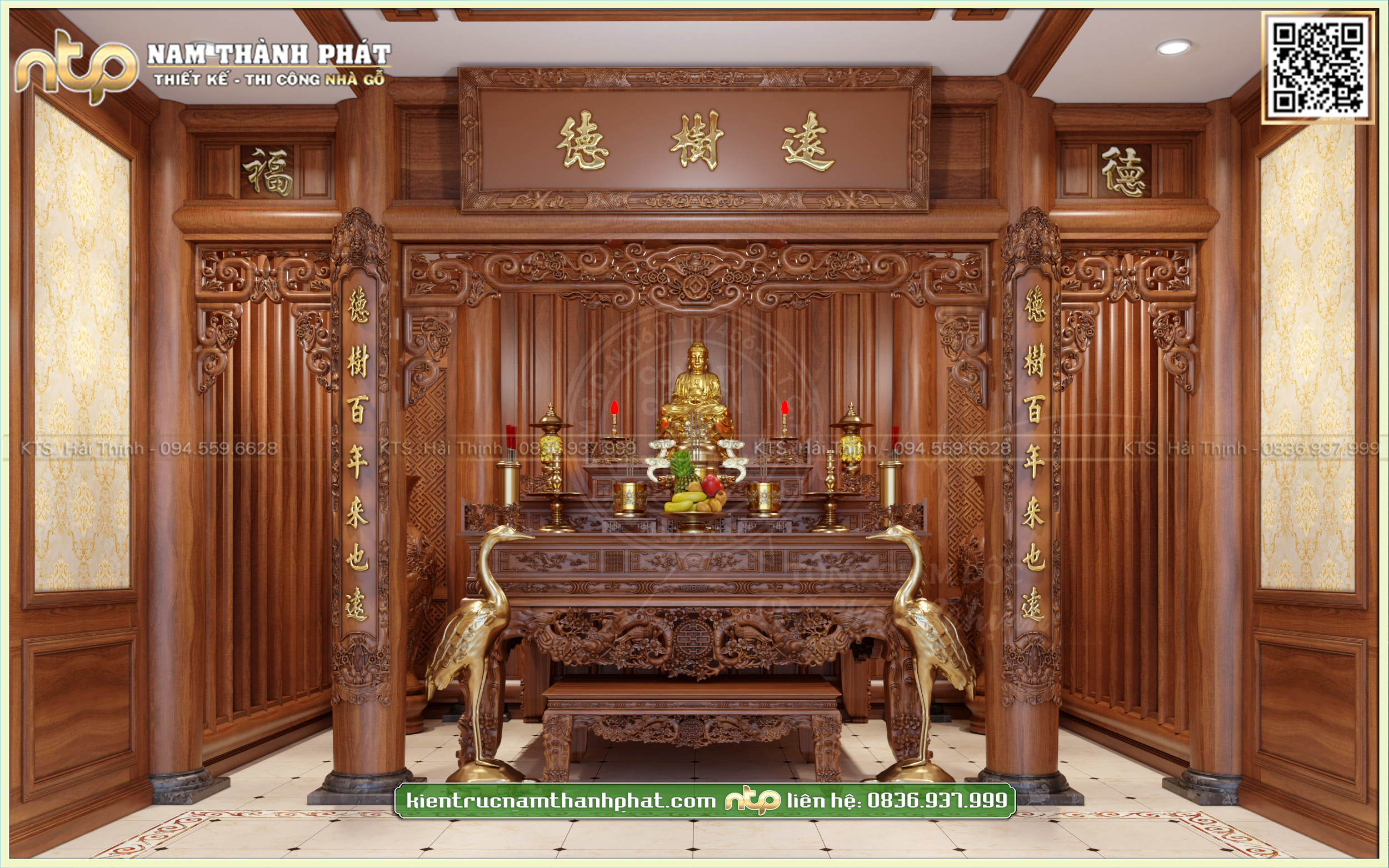 Mẫu thiết kế phòng thờ gia tiên kết hợp thờ phật với bàn tam cấp được chạm khắc tinh xảo | Nam Thành Phát