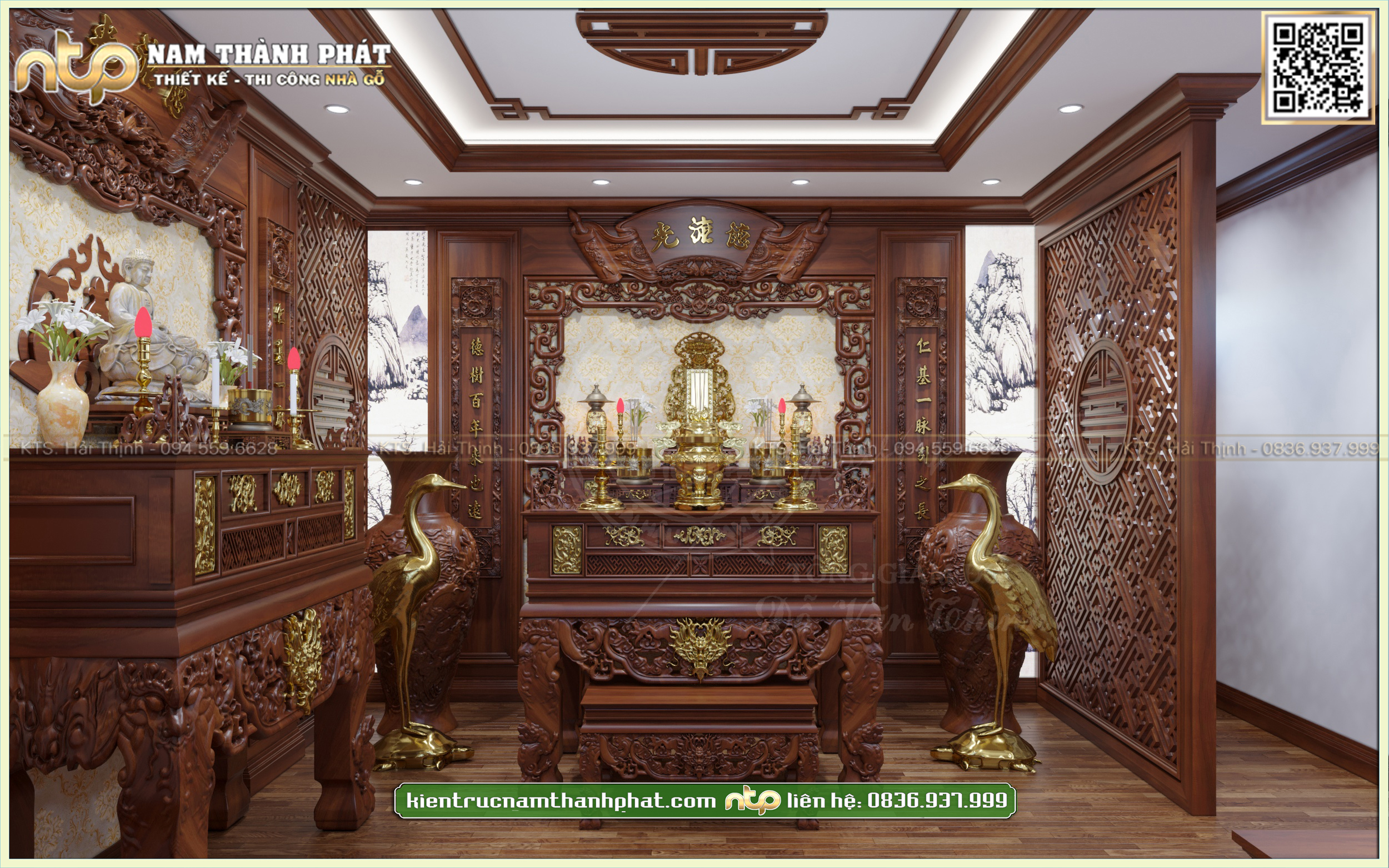 Mẫu nội thất phòng thờ tư gia trang trọng uy nghiêm | Kết hợp giữa thờ gia tiên và thờ phật | kientrucnamthanhphat.com