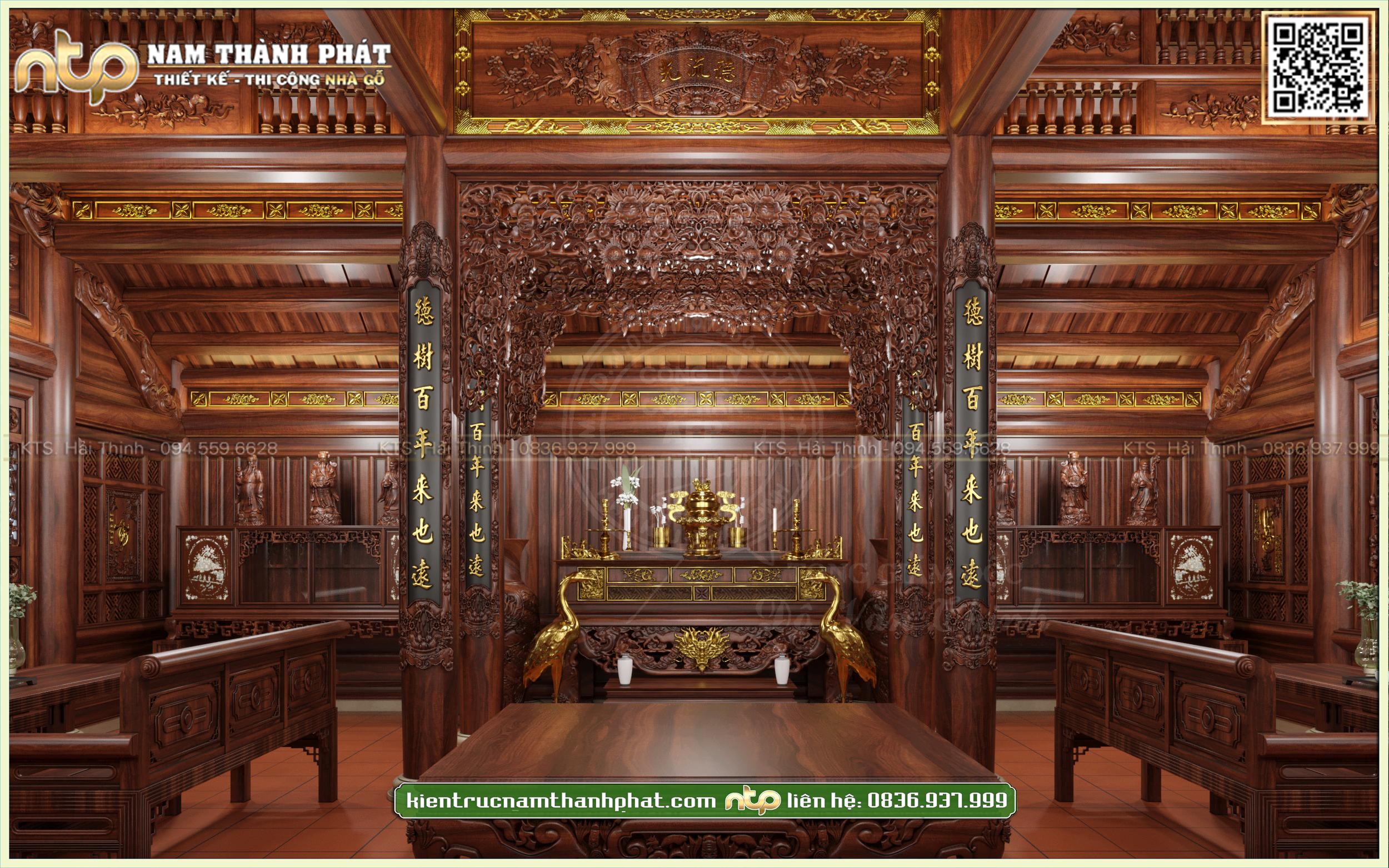 Mẫu nội thất nhà gỗ 3 gian 4 mái gỗ Cẩm của đại gia Phú Yên