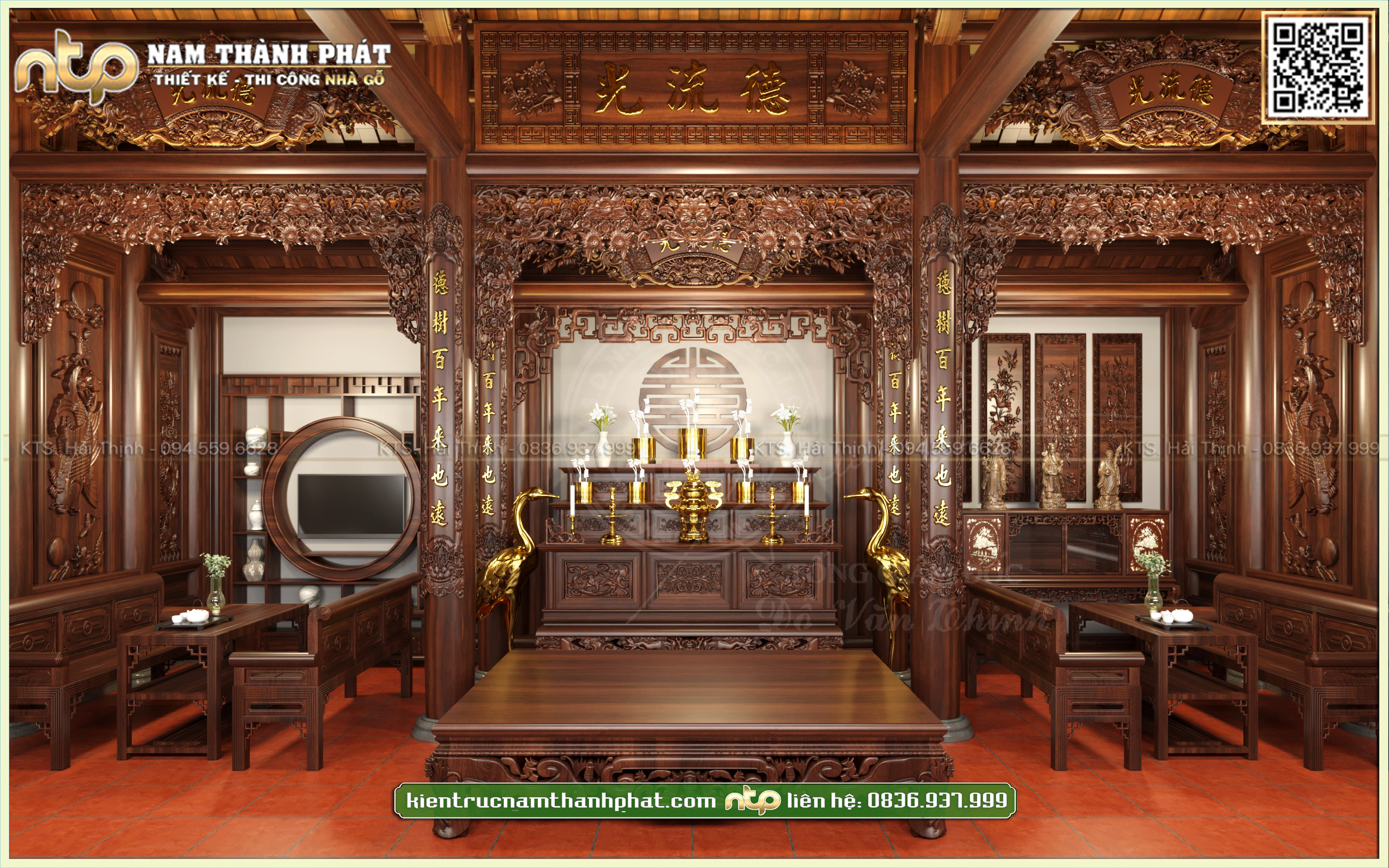 Nội thất gỗ tự nhiên trong nhà gỗ 3 gian tại Nam Định