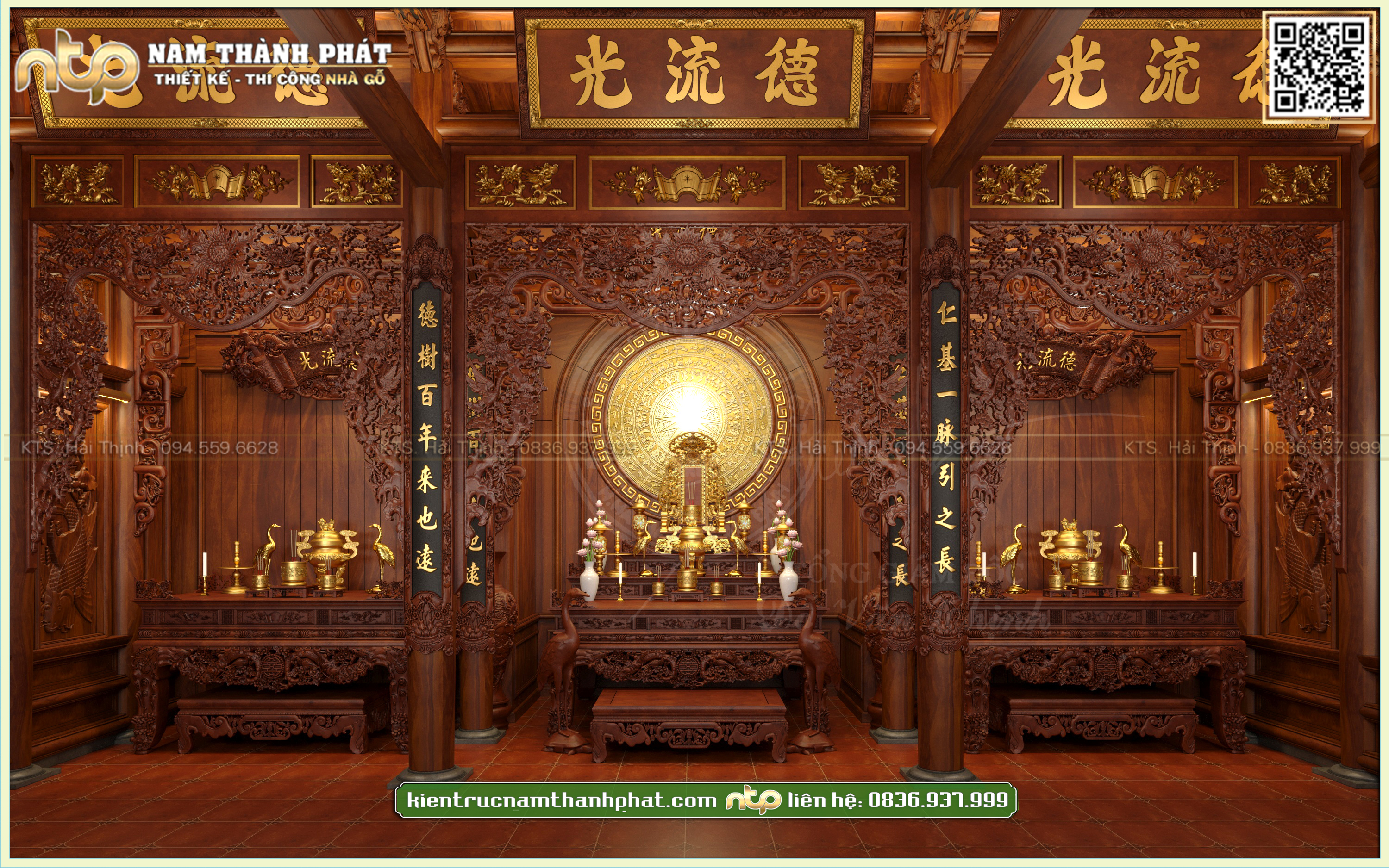 Nội thất nhà gỗ 3 gian 18 cột có hậu cung của gia chủ tại Bắc Giang