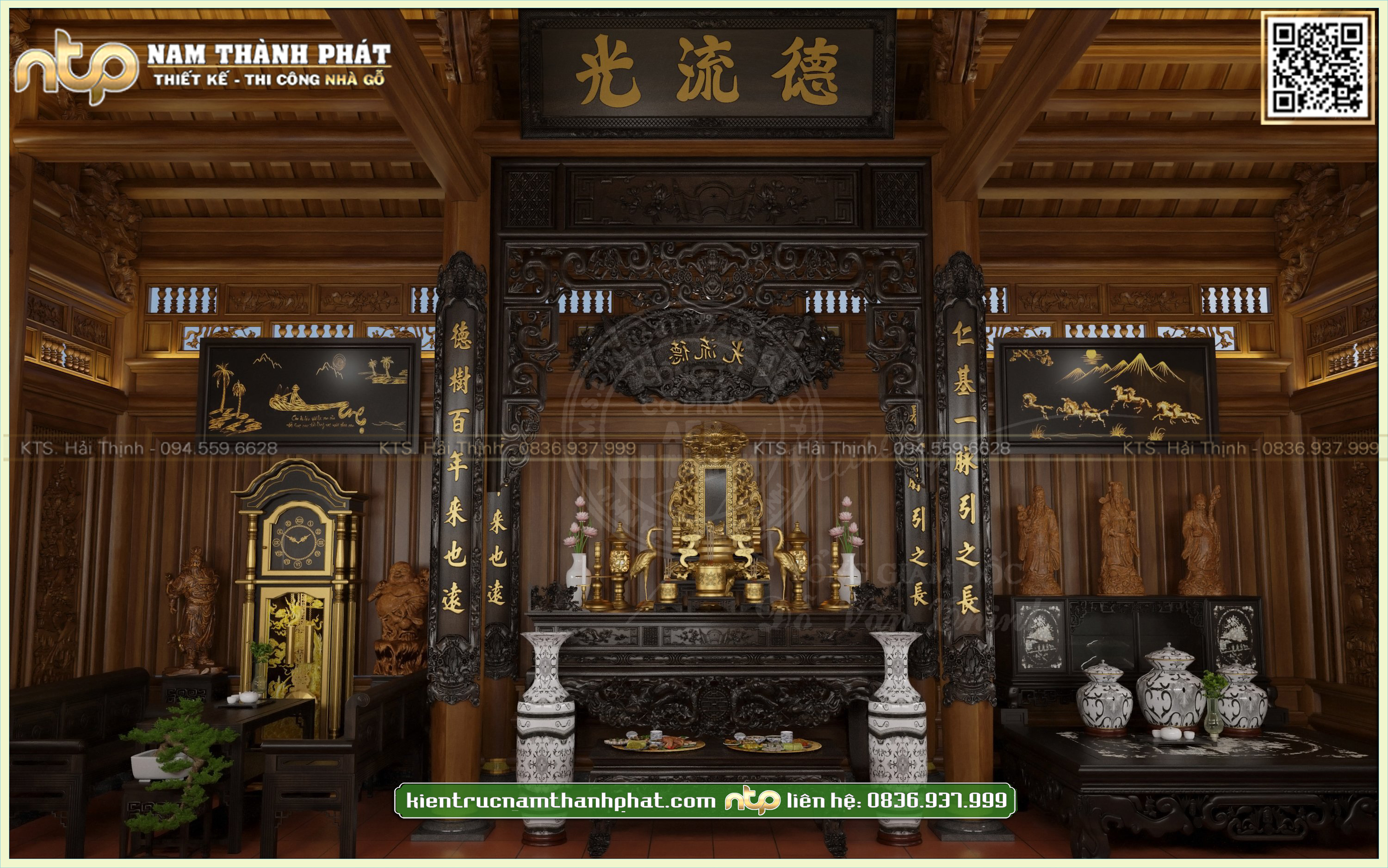 Thiết kế nội thất nhà gỗ 3 gian 4 mái tại Quảng Nam cùng không gian tiếp khách đẳng cấp