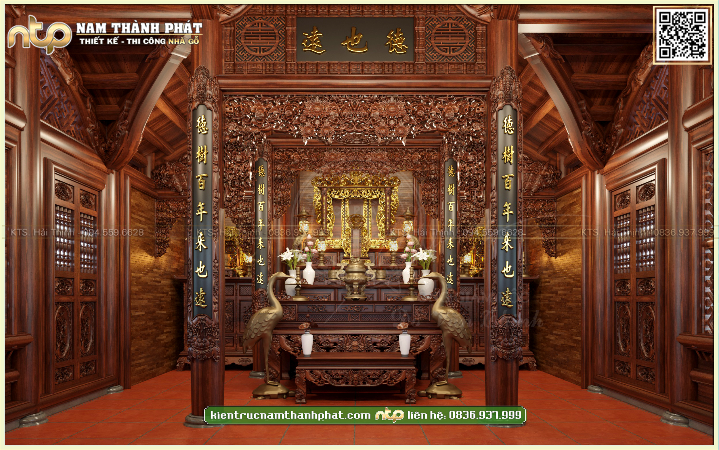 Không gian nội thất nhà gỗ 3 gian đẹp gỗ gỗ đỏ