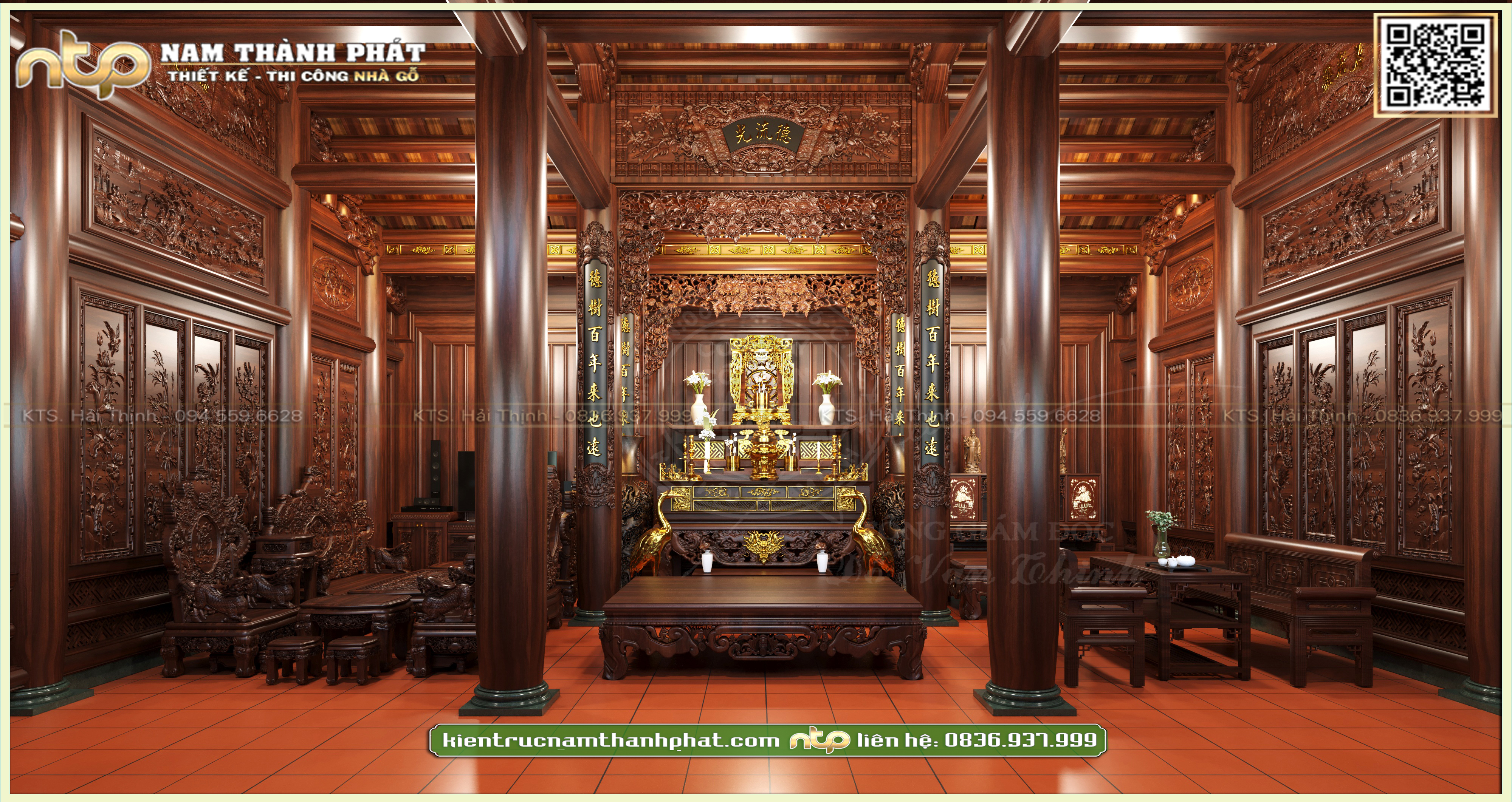 Siêu nội thất nhà gỗ 3 gian gỗ gõ đỏ Pachy