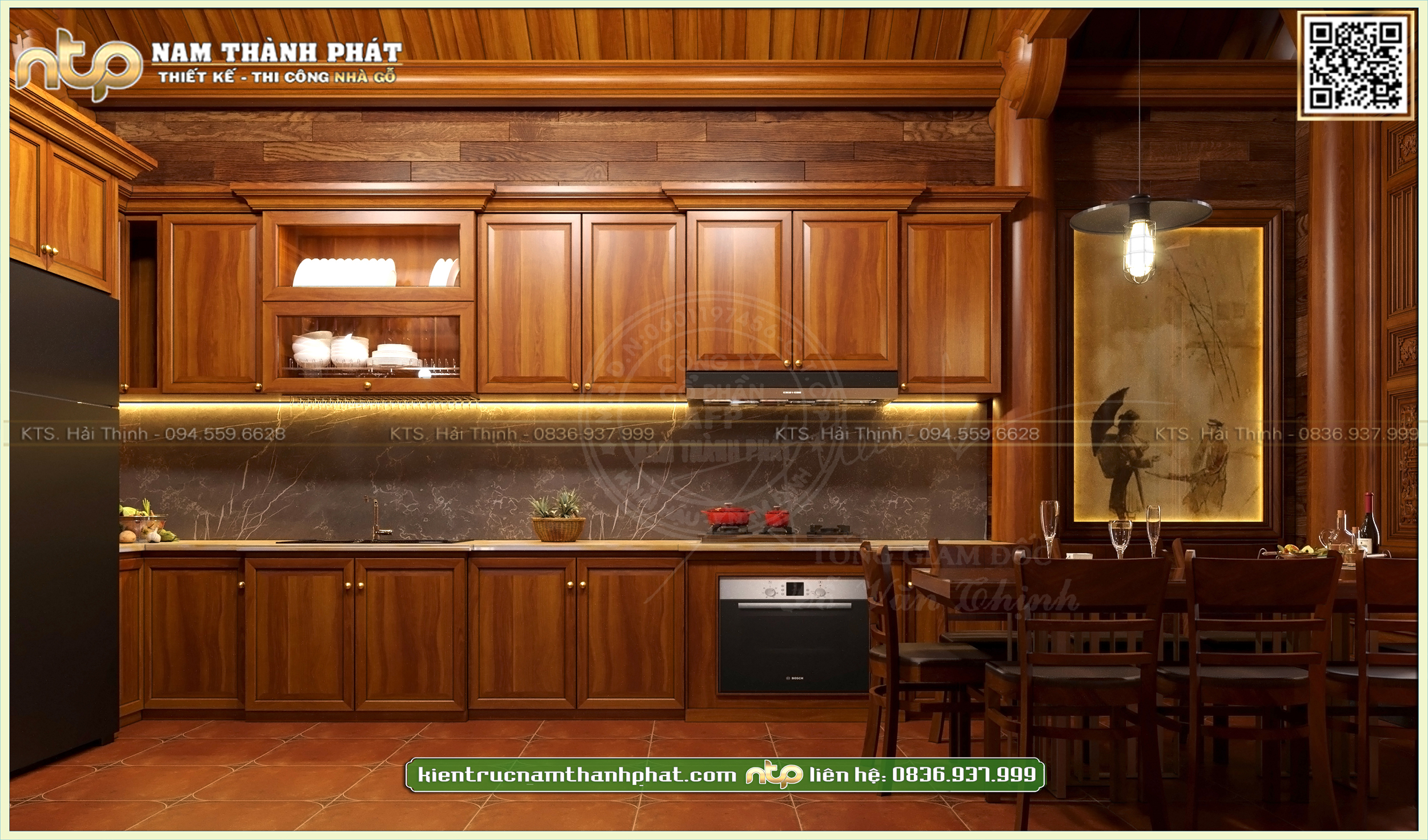 Nội thất phòng ăn trong nhà gỗ 3 gian 2 trái