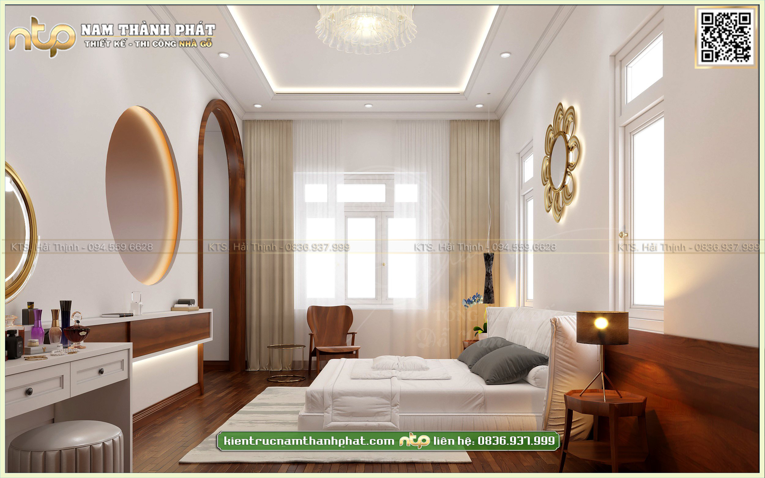 Mẫu thiết kế phòng ngủ đơn giản với tông màu trắng và cửa vòm đẹp | Nam Thành Phát 