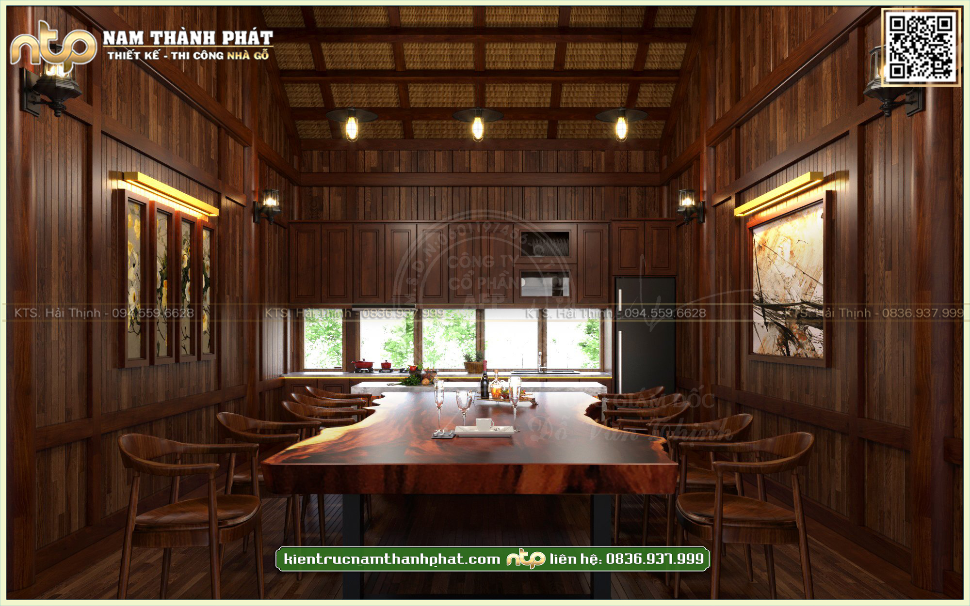 Mẫu thiết kế nội thất phòng bếp gỗ tự nhiên với bộ bàn ăn nguyên khối đẳng cấp