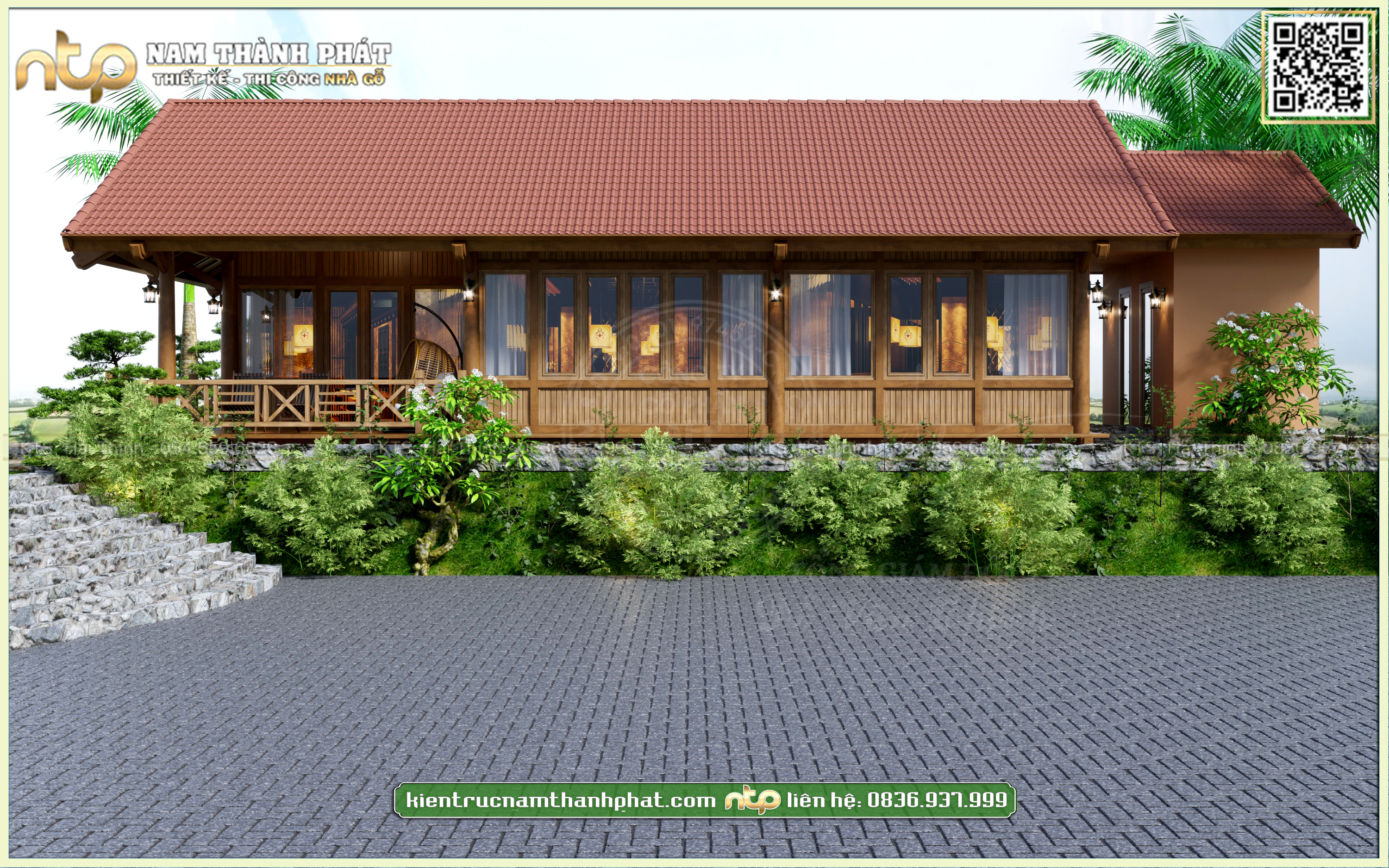 Thiết kế nhà gỗ homestay với hệ thống cửa kính hiện đại