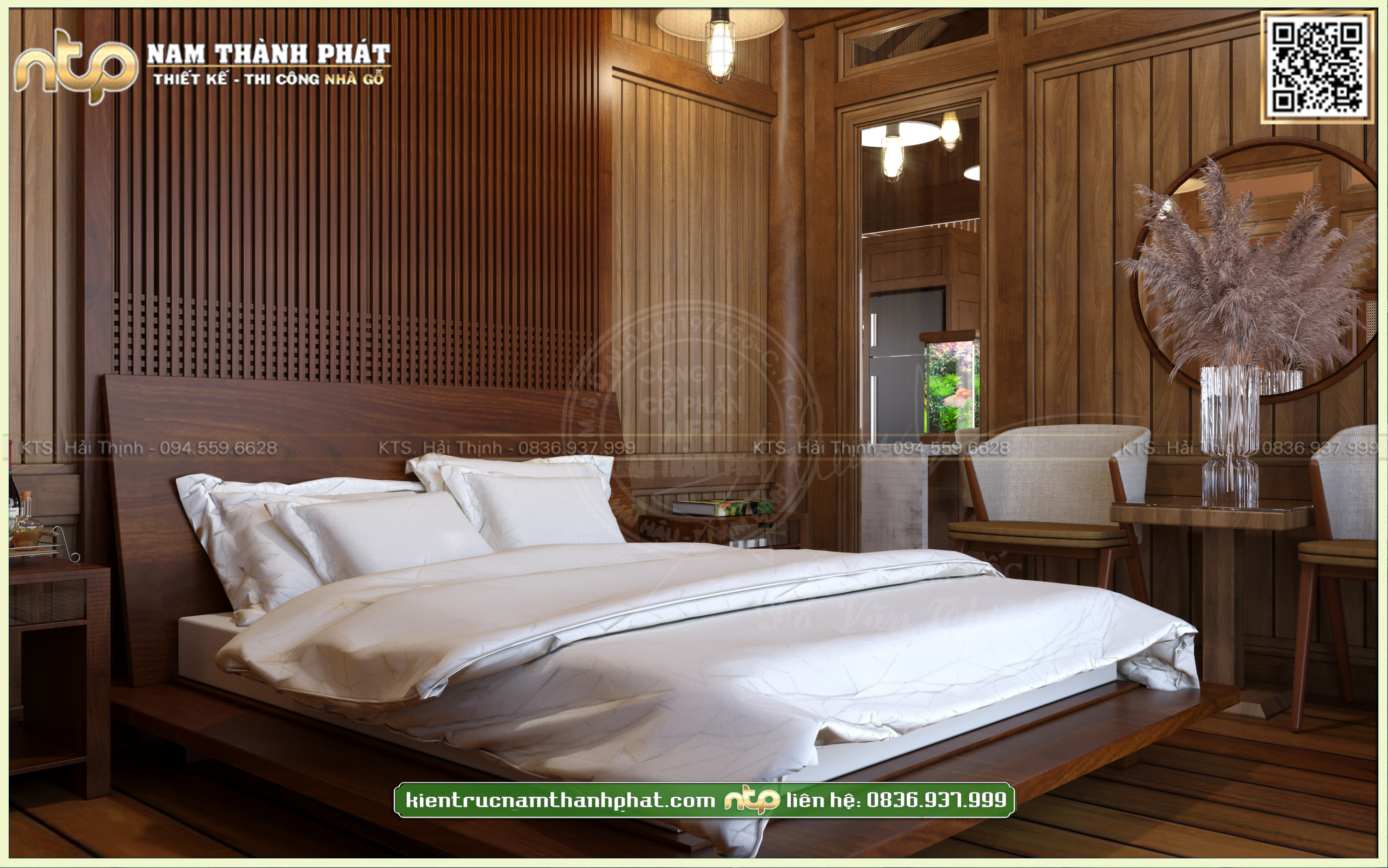 Mẫu nội thất phòng ngủ gỗ tự nhiên nhẹ nhàng thoáng đãng trong căn nhà gỗ hiện đại