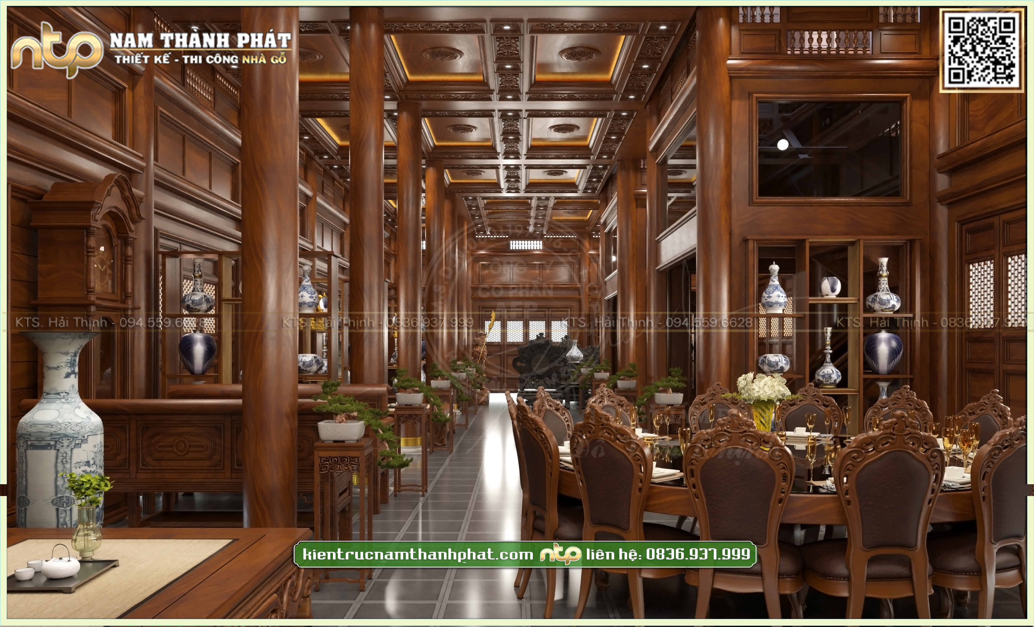 Không gian tiếp khách trong nhà gỗ 2 tầng hiện đại kết hợp truyền thống | Nam Thành Phát 094 559 6628