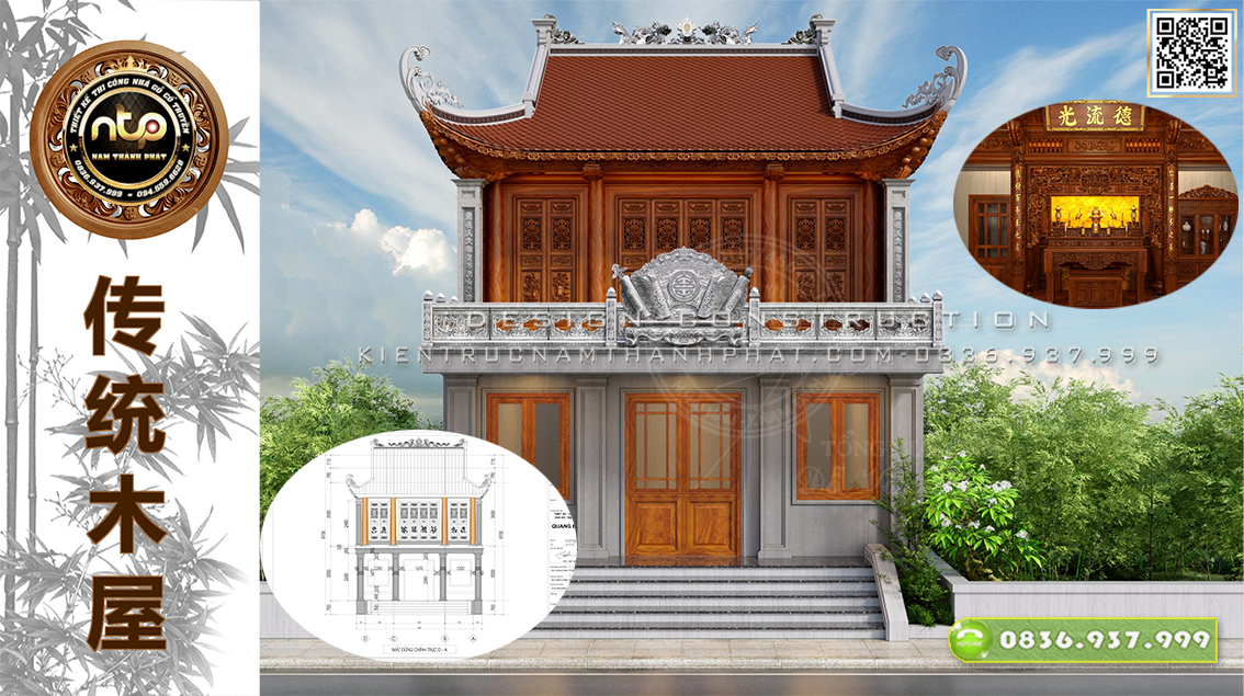 Nhà gỗ trên tầng 2 - Mẫu thiết kế nhà gỗ 3 gian 4 mái đao đẹp, nhỏ gọn năm 2023 | Nam Thành Phát 0836 937 999